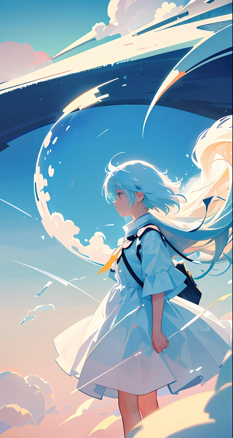 masterpiece, best quality, movie still, 1girl, floating in the sky, cloud girl, cloud, (close-up:1.1), bright, happy, fun, soft lighting, (Bauhaus, shapes, lines, abstract:1.1)