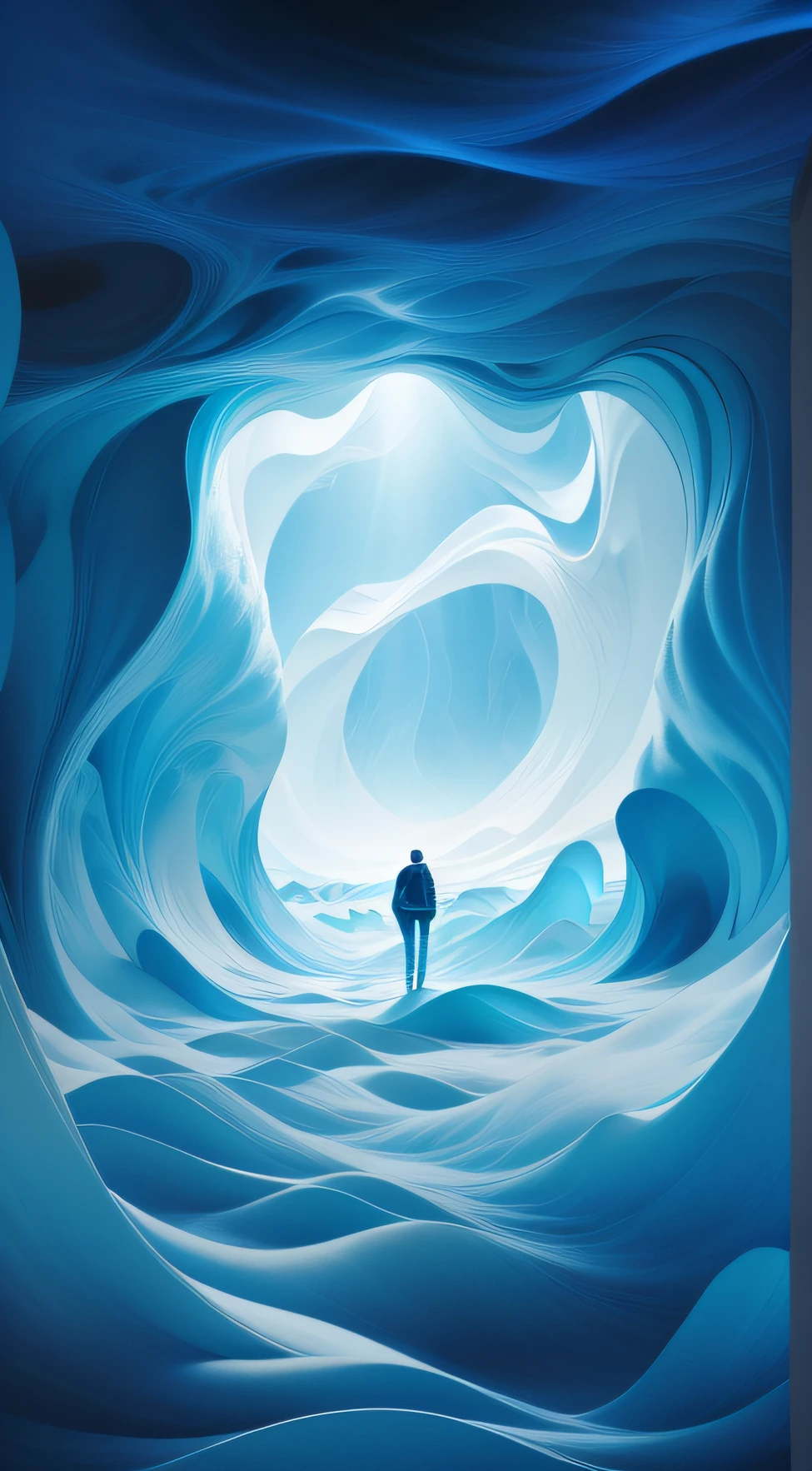 Abstract man in a dark blue room,There is light ahead, The perimeter is surrounded by blue and white clouds, Surreal landscape, Dream atmosphere, standing in a maelstrom, Innovative layout design