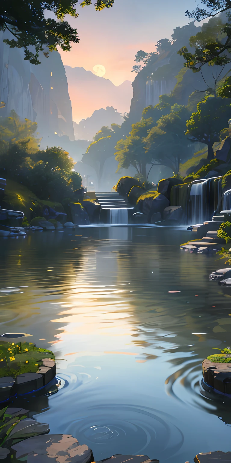 ancient Chinese architecture, moon, ht view,gloom,dark nigGarden, bamboo, lake, 矼, rockery, arch, corner, rockery, trees, flowing water, landscapes, plein air, waterfalls, meadow, rock, water lily, flow, lotus, hot spring, water vapour, (illustrations: 1.0), Epic composition, realistic lighting, high-definition details, masterpiece, of the best quality, (Very detailed CG unified 8k wallpaper), (of the best quality)