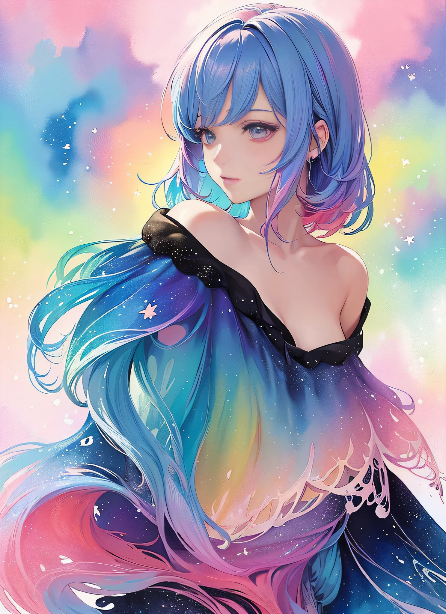 (masterpiece, top quality, best quality,watercolor (medium),official art, beautiful and aesthetic:1.2),(1girl:1.3), (fractal art:1.3),upper body, from side, looking at viewer,patterns,(rainbow color Hair,colorful hair,half blue and half pink hair:1.2),water,liquid, cloud,colorful, starry,stars,