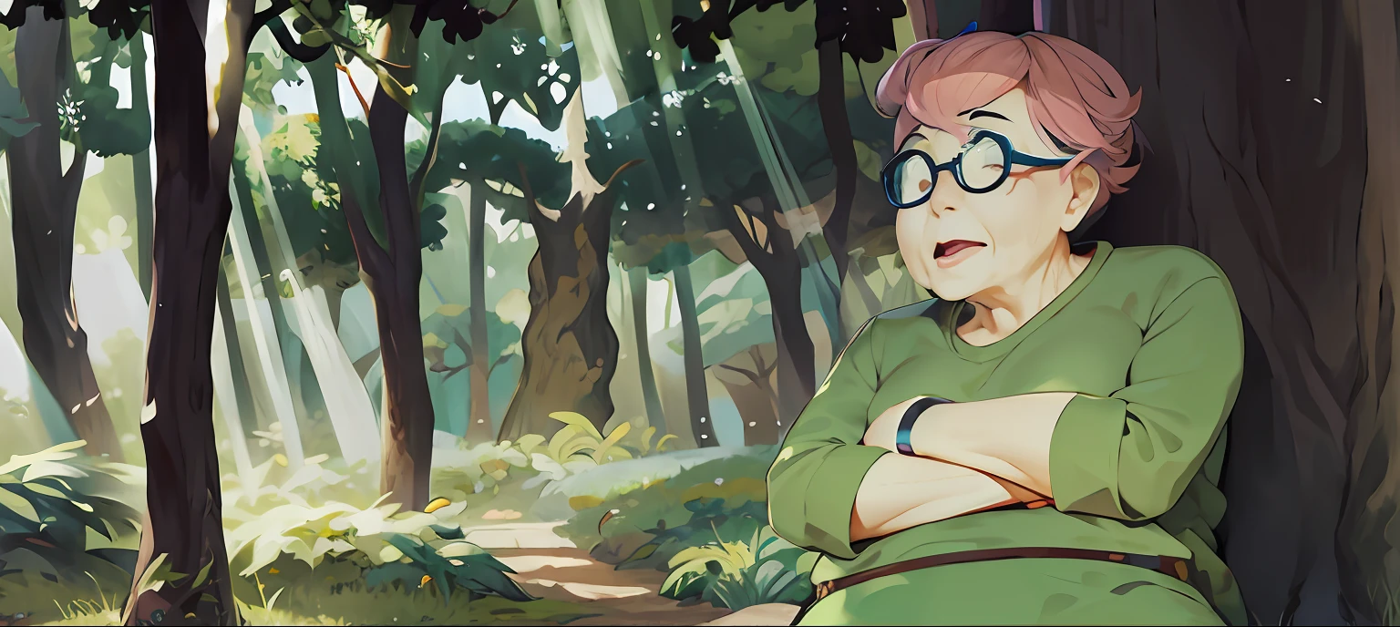 Grandma Anime in front of a tree in a forest, estilo de arte league of legends | | | | |, arte oficial de jogo, alta qualidade