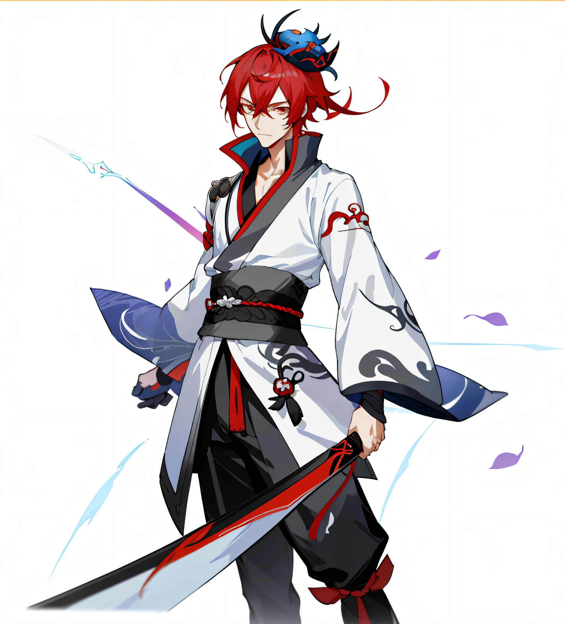 Anime characters with sword and white shirt and red hair, Keqing from Genshin Impact, zhongli from genshin impact, handsome guy in demon killer art, heise jinyao, onmyoji, official character art, onmyoji portrait, Onmyoji detailed art, Genshin impact's character, Inspired by Cao Zhibai, male anime character,Head refinement