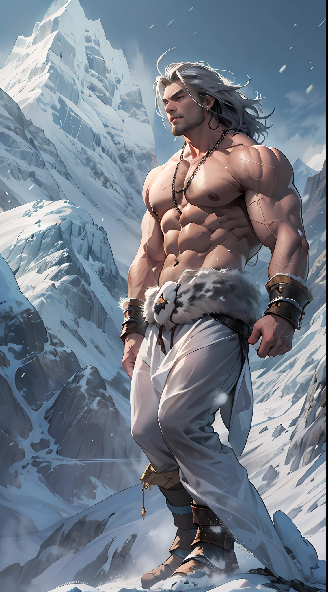 Mighty warrior, shirtless upper body, legs exposed from thighs to feet, cascading long curls, detailed muscular physique, lifelike depiction, 4K resolution. Background: Snow-covered mountain peak,32k uhd, best quality, masterpiece, super detail, high details