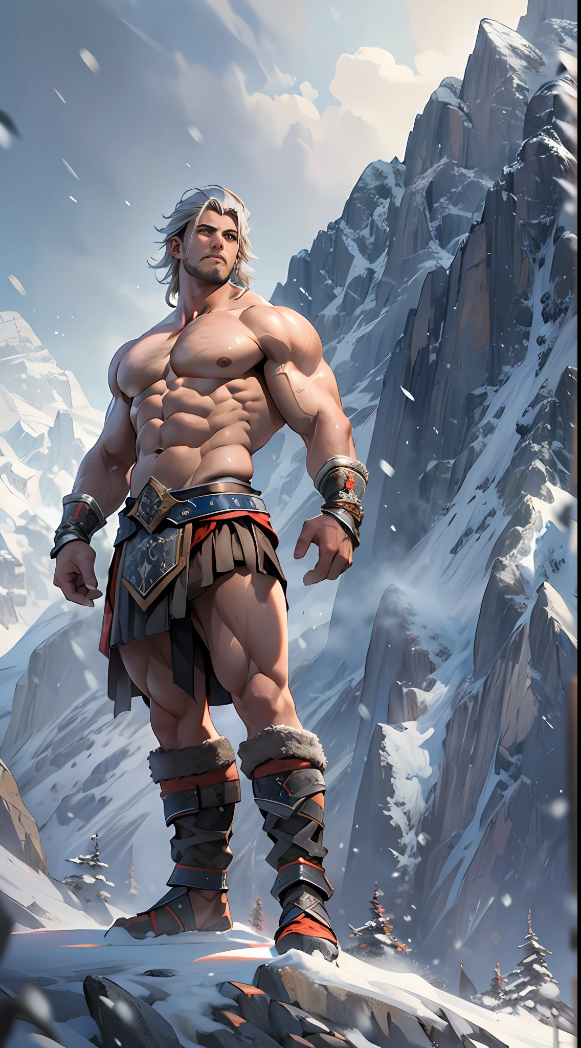 Mighty warrior, shirtless upper body, legs exposed from thighs to feet, cascading long curls, detailed muscular physique, lifelike depiction, 4K resolution. Background: Snow-covered mountain peak,32k uhd, best quality, masterpiece, super detail, high details