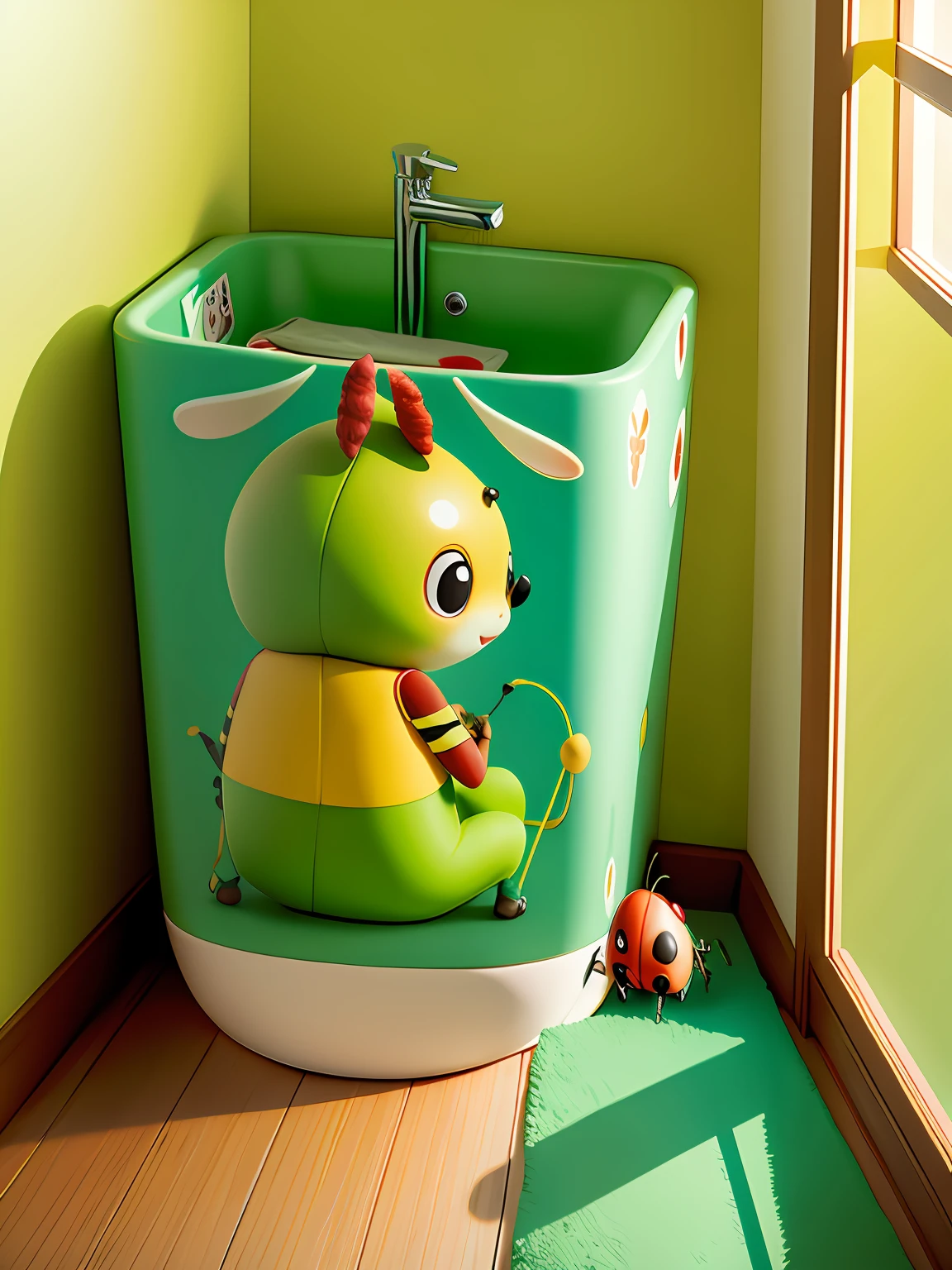 Cute insect like ladybug in a high definition bathroom . filme infantil banheiro com detergente verde