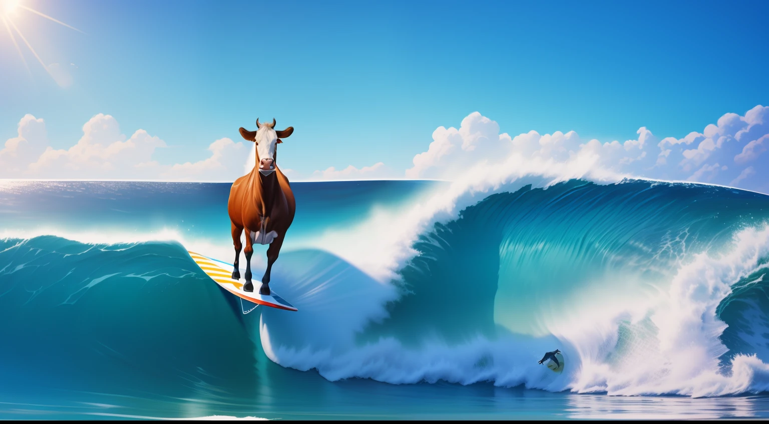High quality, 8k resolution, portrait, natural lighting, summer, blue sky, cow on the board, stand with two foot, surfing, open sea, big waves, blue ocean, shinning sun