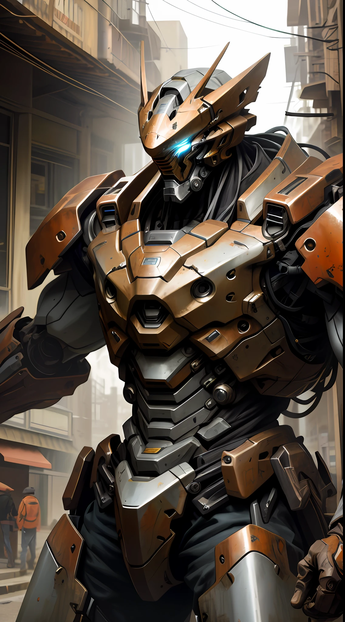 Portrait photo of an alpha male, perfect eyes, in a worn mecha suit, intricate, (steel metal [rust]), elegant, sharp focus, photo by greg rutkowski, soft lighting, vibrant colors, masterpiece, ((streets)), cowboy shot, dynamic pose,