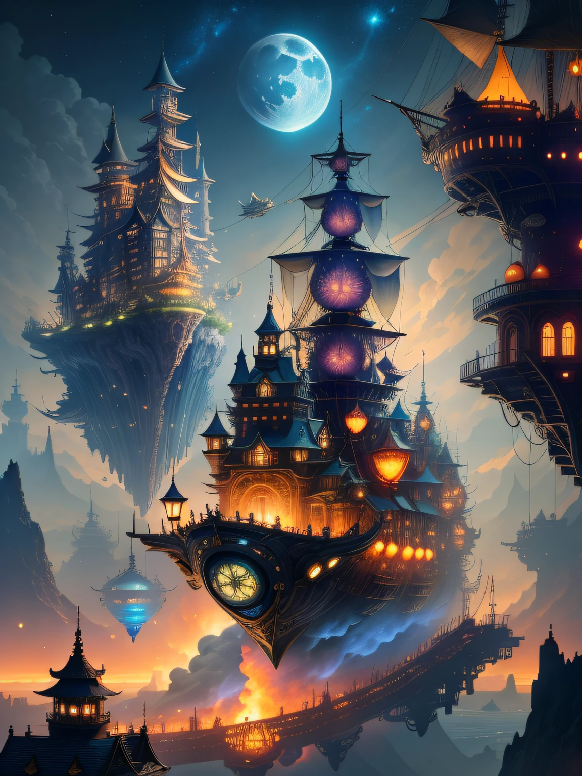 （Magical night）。Views of the steampunk cityscape，1 moon in the distance，meteors，flying cloud castle，sky castles，Steampunk City，small spaceships，Mare，steampunk concept art，steampunk villages castles，The Victorian steampunk megacity，Steampunk City，Inspired by Ian Mack，very far royal steampunk castle，Steampunk city background，Old steampunk city，detailed digital concept art，flying ships in the background。k hd，8K，cinematic ligh，rich details​，higher details，Superior color，（Strong color contrast）。