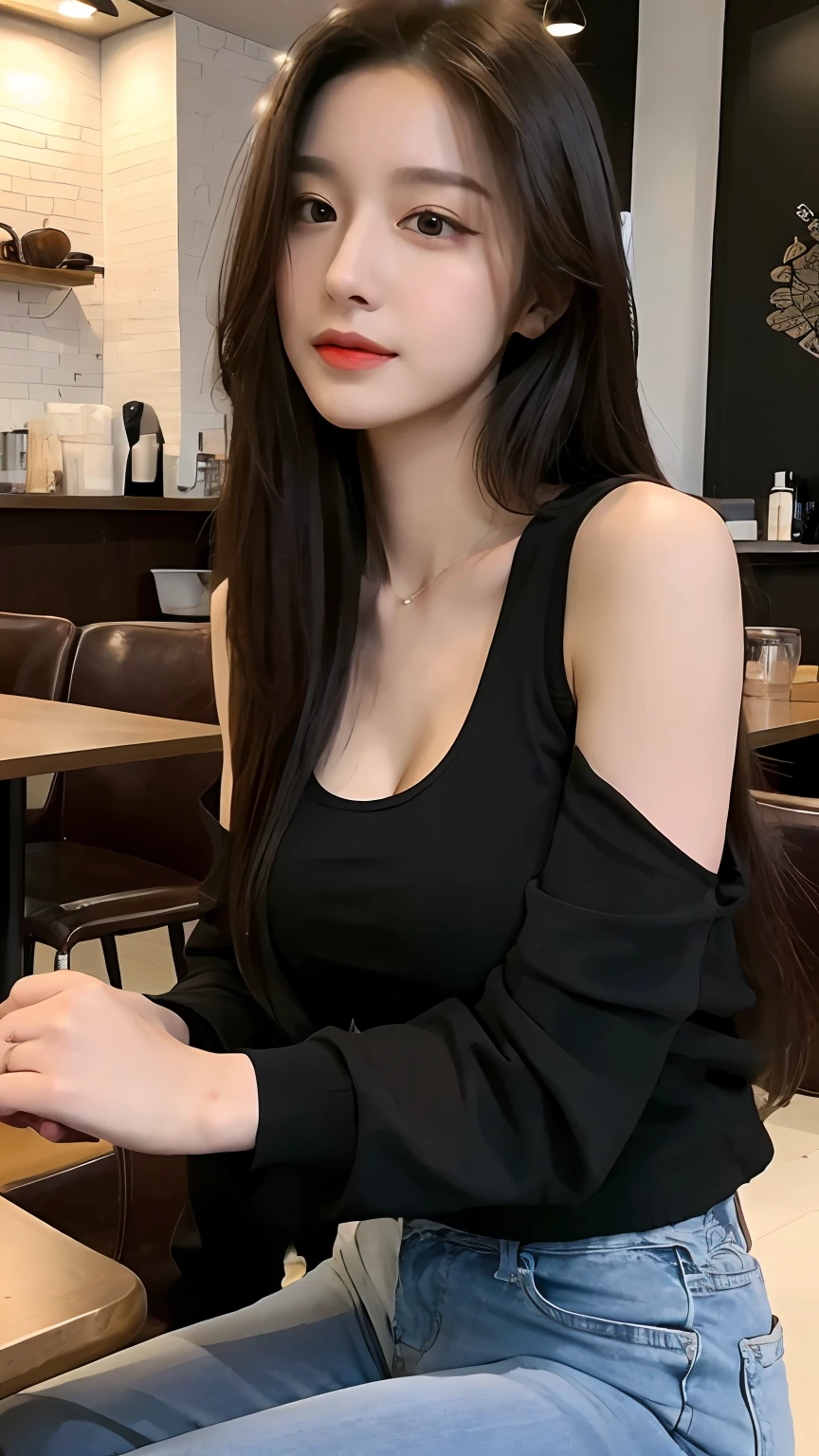 (Realistic, High resolution:1.2), 1 girl, super fine face and eyes, long hair, tight black tank top with black jacket, short jeans, sitting on coffee chair, in café, coffee on table, big breasts