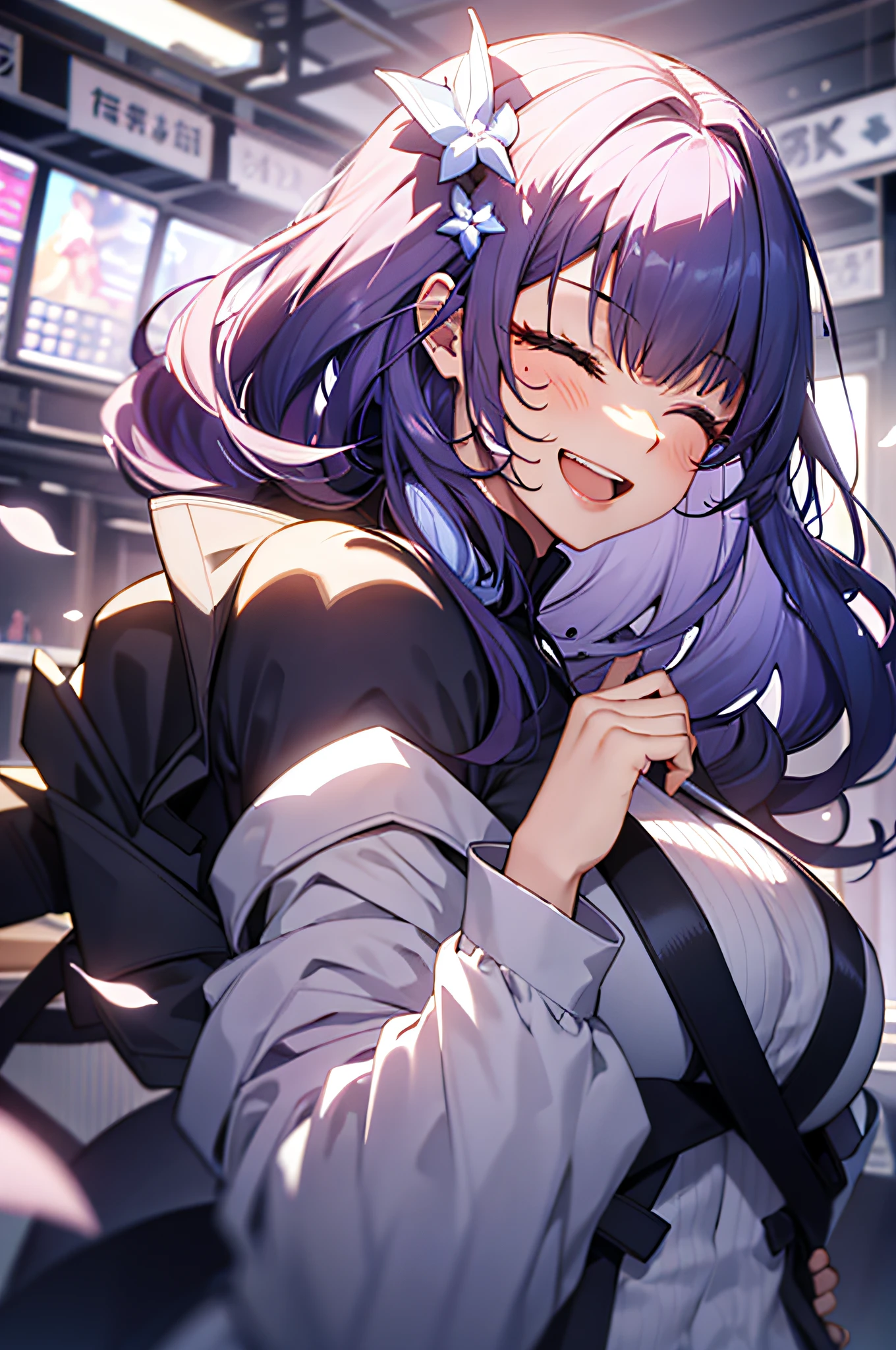 one-girl, Upper body, (huge Laughing:1.1), (Open mouth:1.1), Closed eyes, Need, tmasterpiece, , adolable, Manteau blanc,Hairline, Fair skin, full bodyesbian, hyper HD, High details, High quality, Award-Awarded,over distances