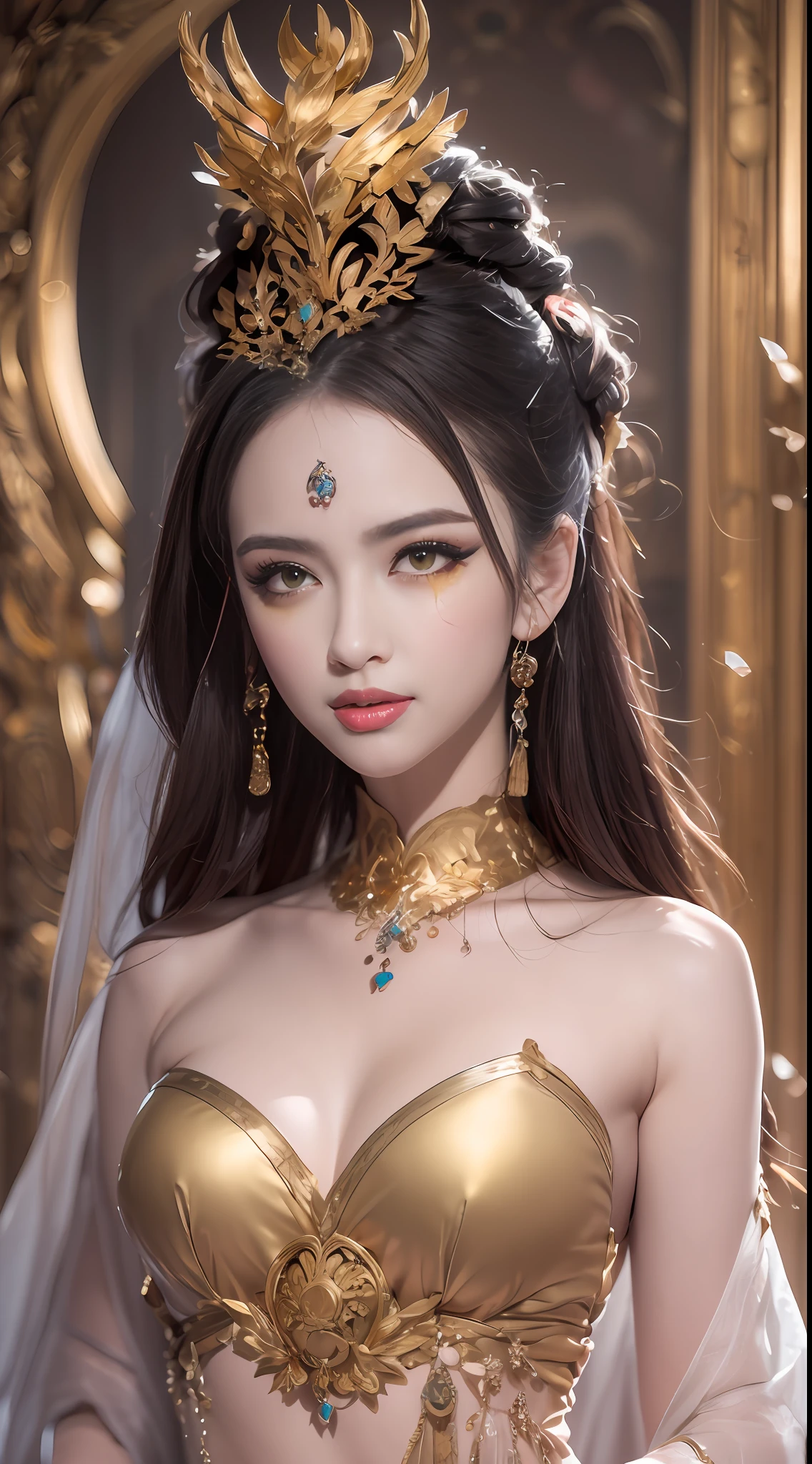 1 beautiful 27-year-old saint, charming adult saint in a long dress made of thin silk, flawless beautiful face, wearing a thin multicolored silk dress, (((Natural smile:1.0))), ((flat bangs:0.5)), (((platinum long hair:0.8))), big crown, hair brooch, hanfu dress, fanciful hanfu style, full body jewelry, forehead tattoo, super even chest, woman face, beautiful and pretty face, ((even porcelain teeth: 0.8)), The most beautiful and detailed light red lipstick, super flat big breasts, ((Thin plump lips:0.3)), ((Golden Eyes color:1.6), Detailed and delicate lighting effects, light and dark, dramatic lighting, magical light, extremely detailed light, true color, super sharp, realistic, 8k quality, fantasy universe background, saints and magical space, the most detailed images, ((Solo:0.3)), ((a saintess:0.6)), ((looking directly at the saint's upper body:0.4)), upper body, ((smooth skin:0.5)), ((the holy woman's veil:1.2)), ((solo:1.3)), ((alone girl:1.3)), female saint portrait, short images, Upper body portrait, (((open mouth:0.6))), Digital Realistic, ((fanciful red smoke effect:1.2)),