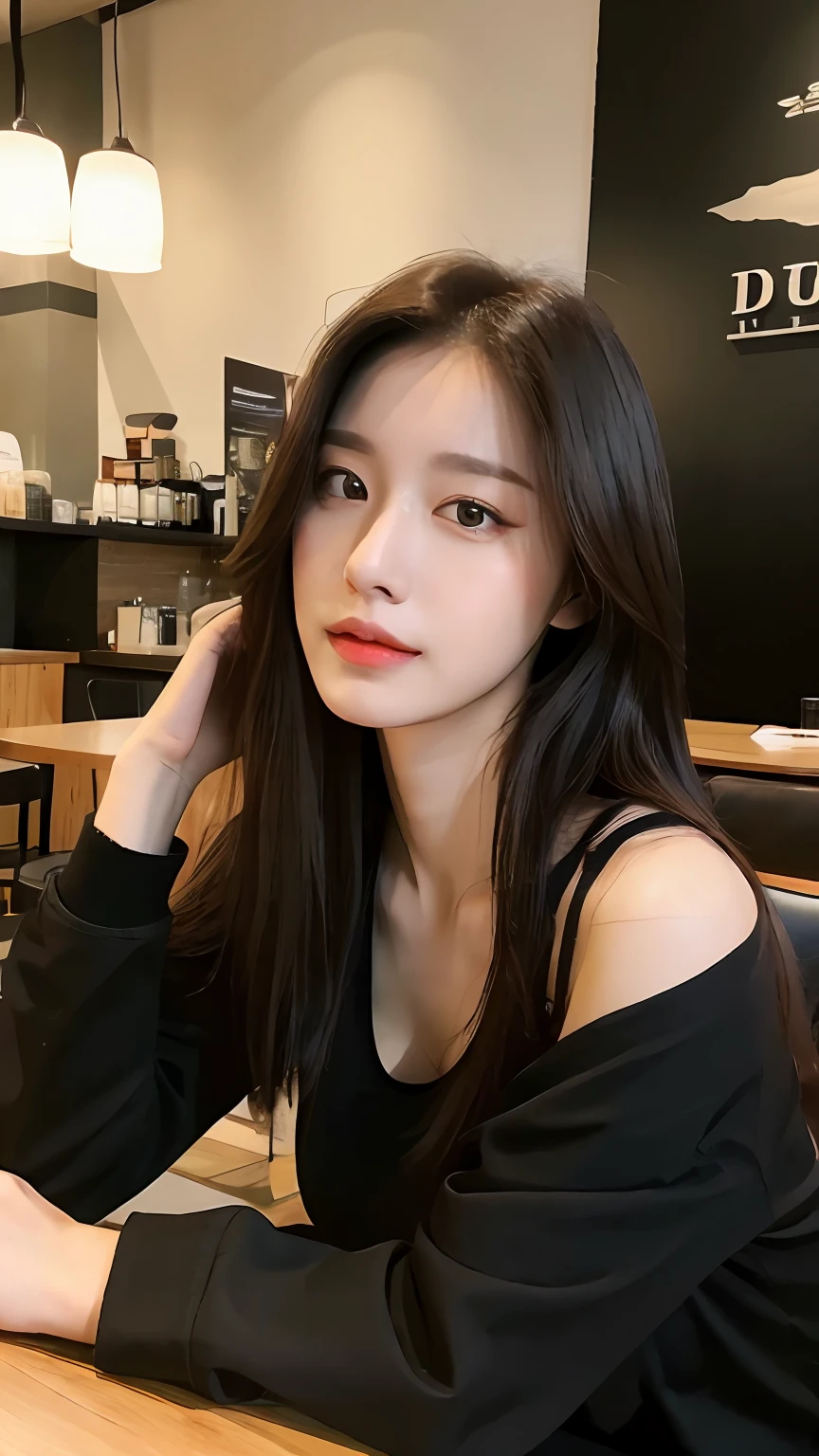 (Realistic, High resolution:1.2), 1 girl, super fine face and eyes, long hair, tight black tank top with black jacket, short jeans, sitting on coffee chair, in café, coffee on table, big breasts