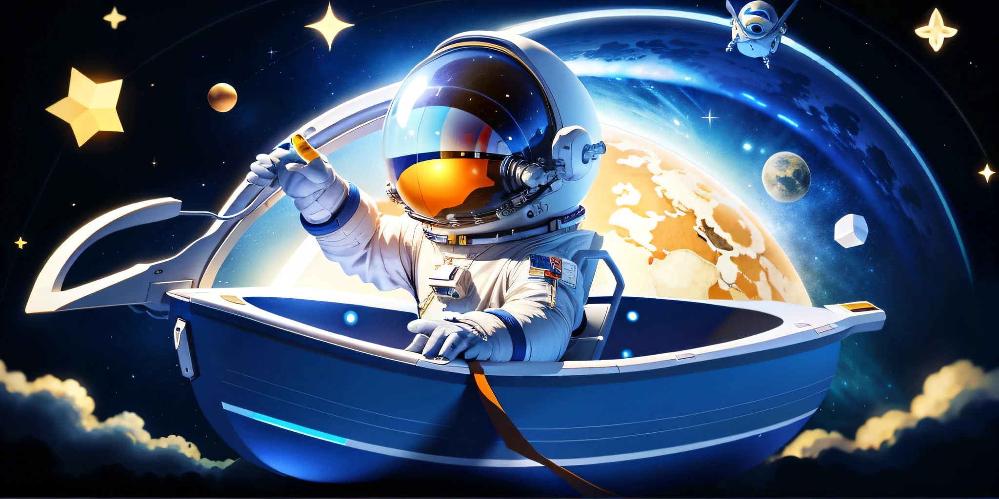 Astronauts float in futuristic spacecraft,Lone astronauts in space,Fly freely in the universe,Space travelling,astronauts and space colonies,cosmonaut,Astronauts float freely in the vast universe。