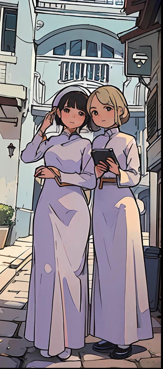 two women in white dresses taking a picture of themselves in front of a building, ao dai, with a twin, wonderful masterpiece, student, trailer, twins, cute