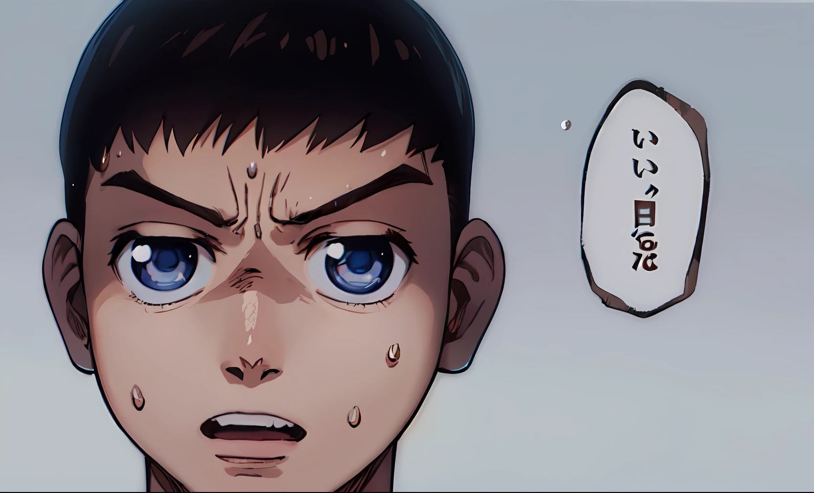 a anime of a young boy, close up, open mouth, sweat, sweatdrop, Caesar Cut hair, blue eyes, big round eyes, short hair, black hair color, text manga, color manga, manga color, color manga, color manga panel, simple background