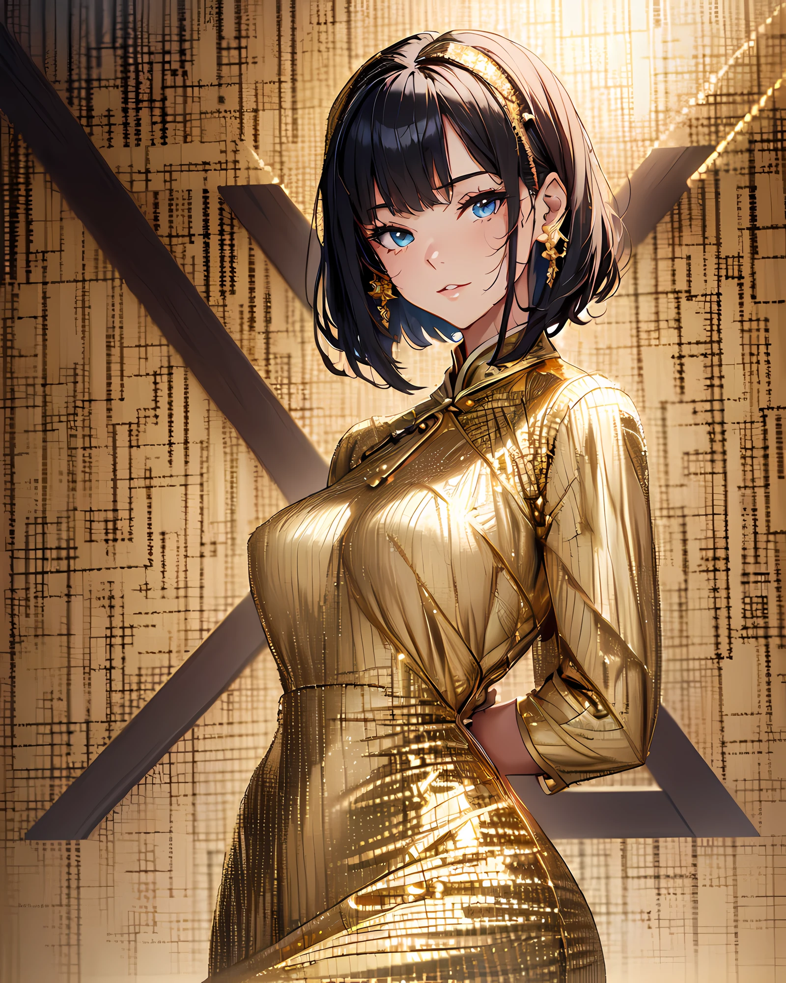 (masterpiece, best quality:1.37), highres, ultra-detailed, ultra-sharp, BREAK, Korean school queen, (((1girl:1.37, solo))), (beautiful anime face, cute face, detailed face), (black hair, thin hair, short hair, bangs, hime-cut), detailed beautiful cyan eyes, BREAK, ((detailed gold gorgeous luxury dress:1.5)), BREAK, lovely look, water melon earing, detailed clothes), light smile, closed mouth, parted lips, pink lipstick, BREAK, ((standing, arms behind back,:1.3, cowboy shot)), detailed human hands, HDTV:1.2, ((detailed sunset royal palace view background:1.3, Chinese Castle background)), 8 life size, slender, anime style, anime style school girl, perfect anatomy, perfect proportion, inspiration from Kyoto animation and A-1 picture, late evening, excellent lighting, bright colors, clean lines, photorealistic