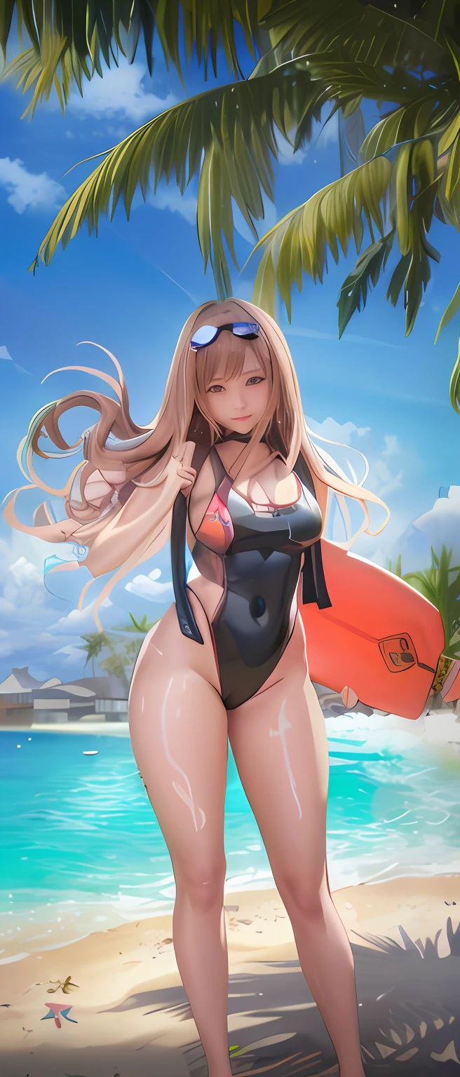 A hyper-realistic、ultra-detailliert、top-quality、hight resolution、Japan goddess wearing surfboard and bikini on the beach, Gravure Idol with G Cup, Swimsuit, swim wears, realistic bikini, wearing a swimming wear, Fine details. Wet swimsuit,