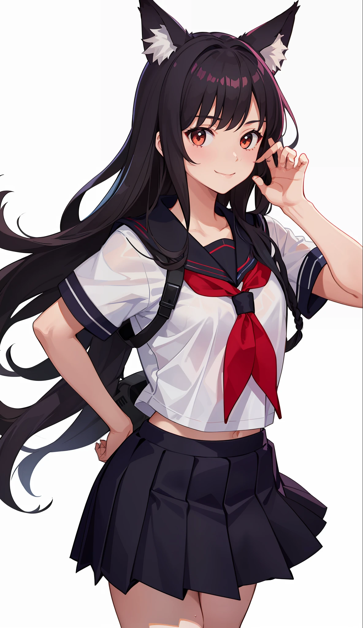 1girl in、A smile、The shirt、skirt by the、（small tits）Chilarism、Japan High School Student Uniform、serafuku、summer clothing、Squall Drenched Uniform、show brassiere、Fox ears、（Upper body portrait）、