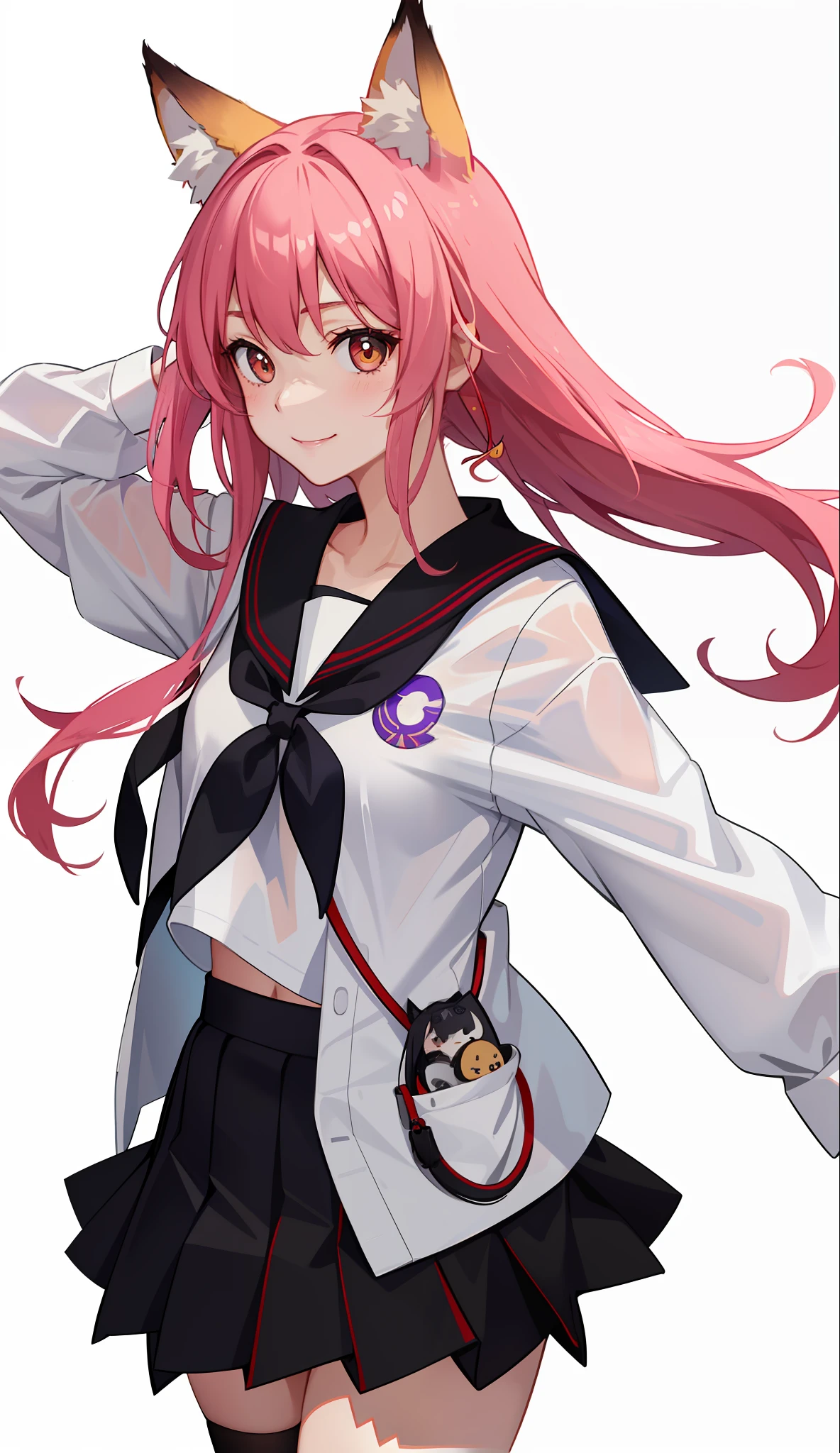 1girl in、A smile、The shirt、skirt by the、(small tits)Chilarism、Japan High School Student Uniform、serafuku、summer clothing、Squall Drenched Uniform、show brassiere、Fox ears、(Upper body portrait)、
