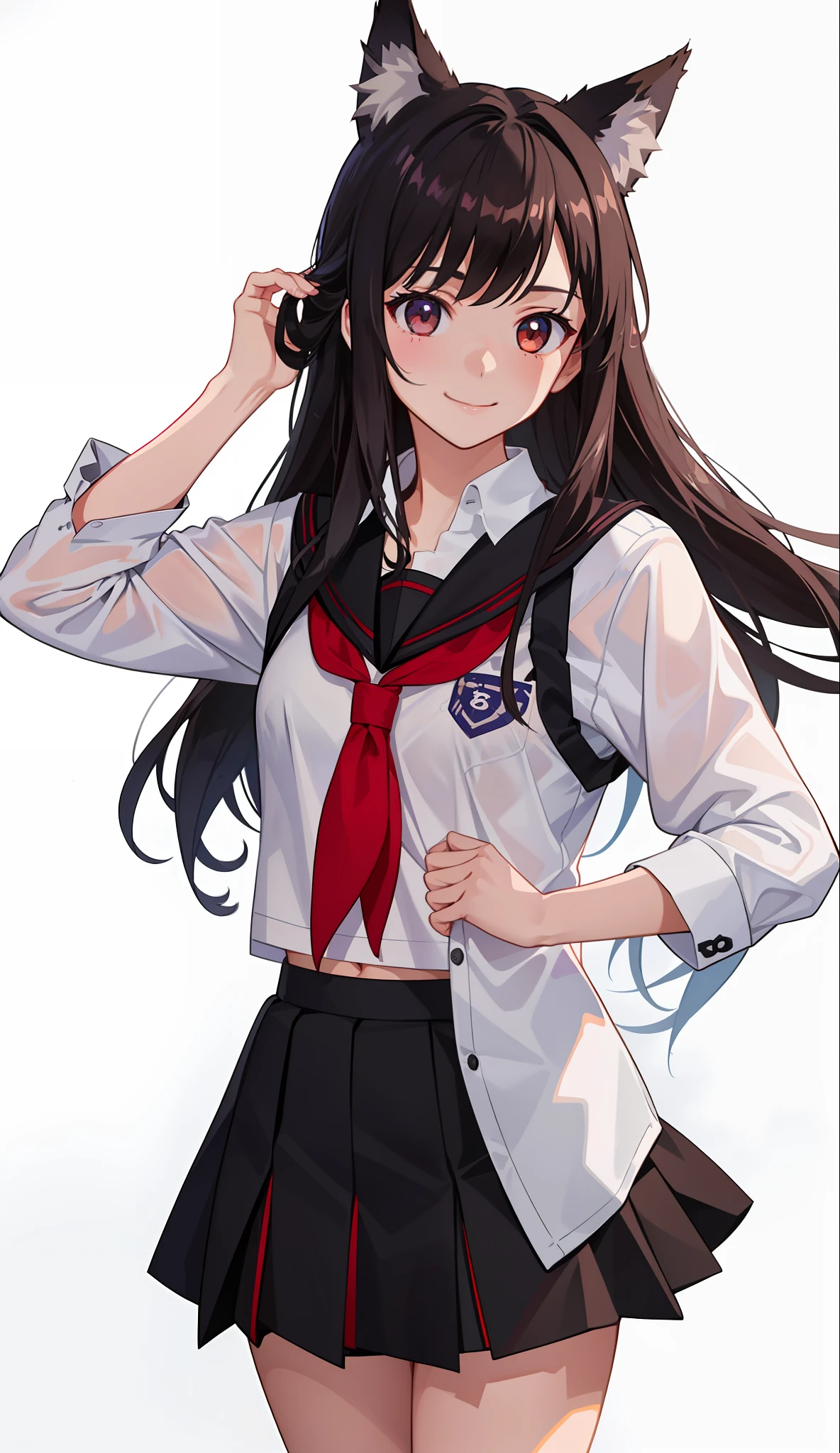 1girl in、A smile、The shirt、skirt by the、（small tits）Chilarism、Japan High School Student Uniform、serafuku、summer clothing、Squall Drenched Uniform、show brassiere、Fox ears、（Upper body portrait）、