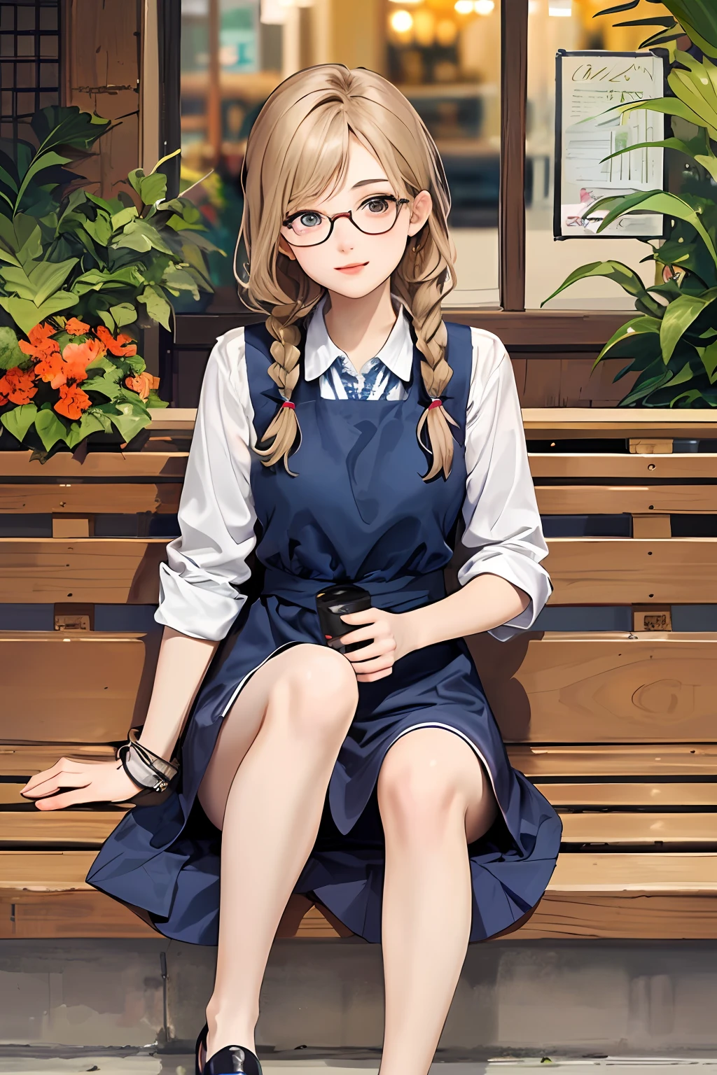 masterpiece, best quality,
1girl, looking at viewer,
Reserved class president girl, gentle smile, relaxed posture, braided pigtails, glasses, casual and conservative outfit with tasteful details, accessories, shoes, bags, leisurely setting such as a park, cafe, or shopping mall, soft pastel colors and natural tones, background scenery with plants and animals, relaxed atmosphere,
anime, illustration,
detailed skin texture, detailed cloth texture, beautiful detailed face, intricate details, ultra detailed,