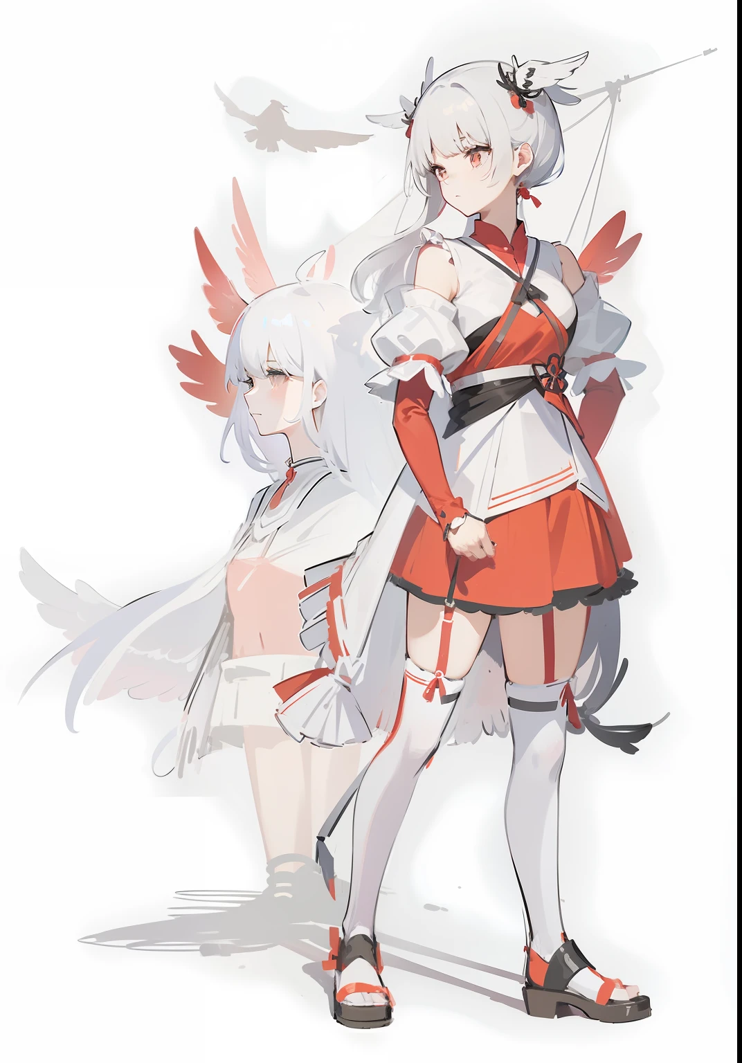Black and white haired girl in red feather dress，There are cranes flying around