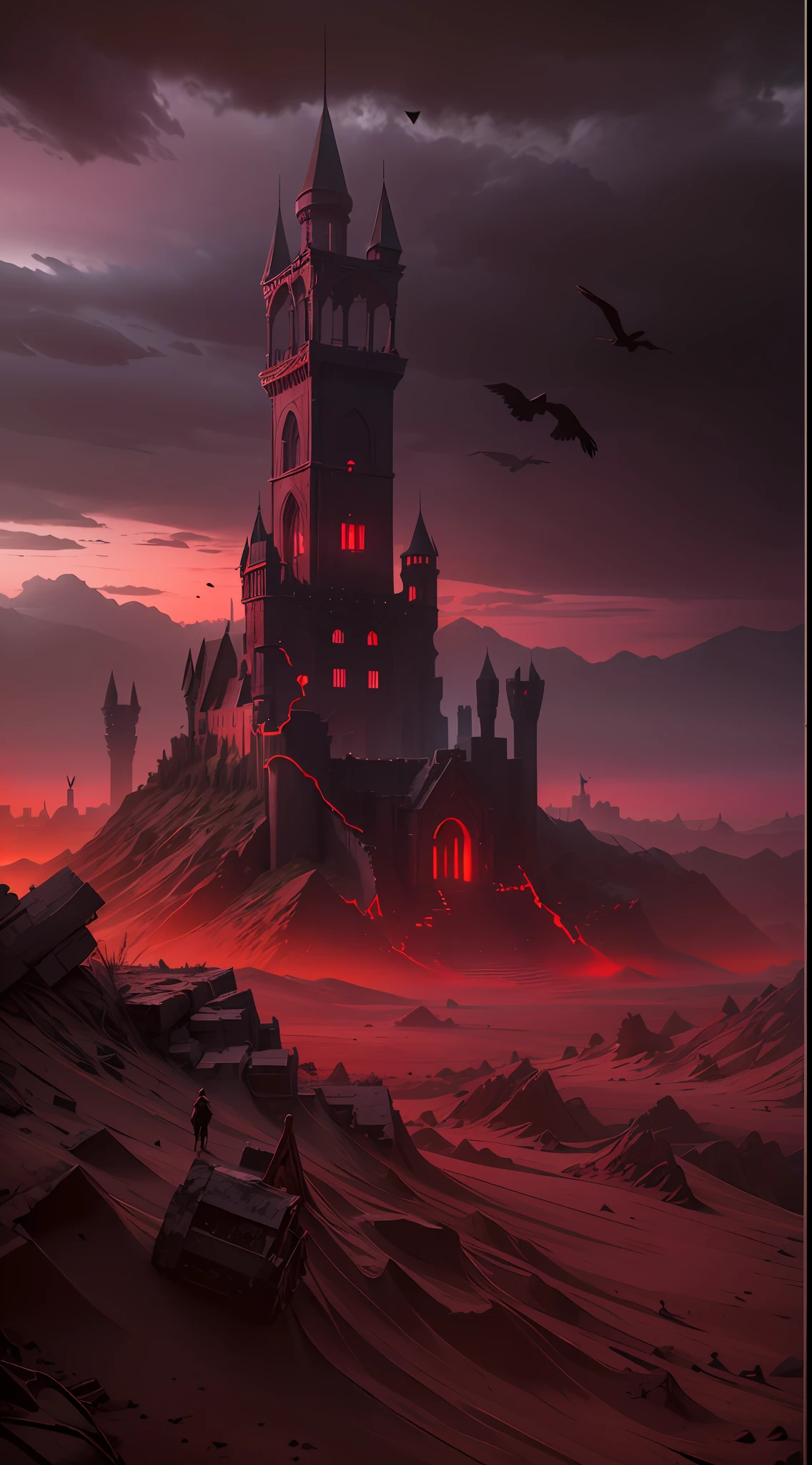 In the heart of a desolate wasteland, the Dark Castle stands as a relic of a forgotten civilization, sand dunes encroaching on its base, a blood-red sky casting an eerie glow, ravens perched on its ramparts, a solitary figure exploring the ruins, 3D Artwork, using realistic textures and lighting to portray the decaying beauty of the castle
