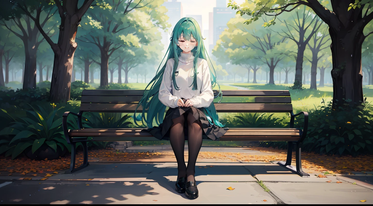 1girl, aqua hair, bag, bench, black legwear, black skirt, breasts, closed eyes, forest, green hair, long hair, long sleeves, nature, outdoors, pantyhose, park, park bench, rain, sitting, skirt, smile, solo, sweater, tree, very long hair, white sweater