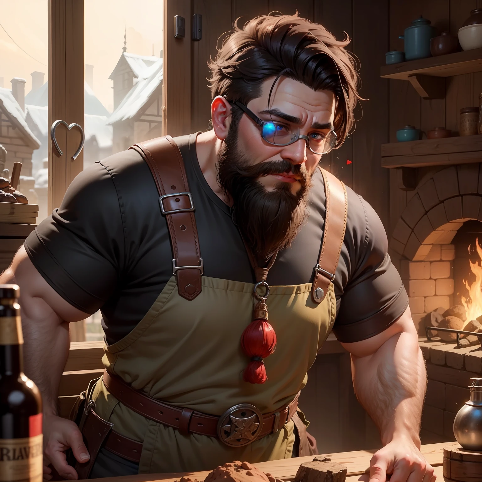 The dwarf blacksmith with short hair and medium beard, wearing goggles, turns red and his heart races when he falls in love at first sight