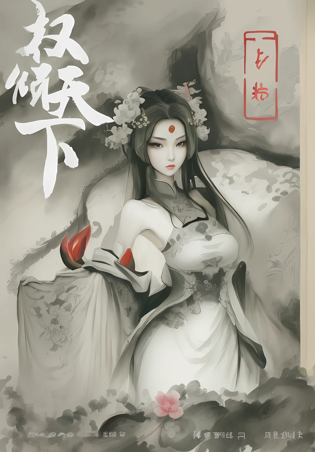 Charming woman,, inspired by Wu Daozi, inspired by Chen Jiru, inspired by Zhang Sengyao, inspired by Fu Baoshi,ink wash style,Raised sexy,Seductive,Ink painting style,The woman looked at the camera,Confused eyes