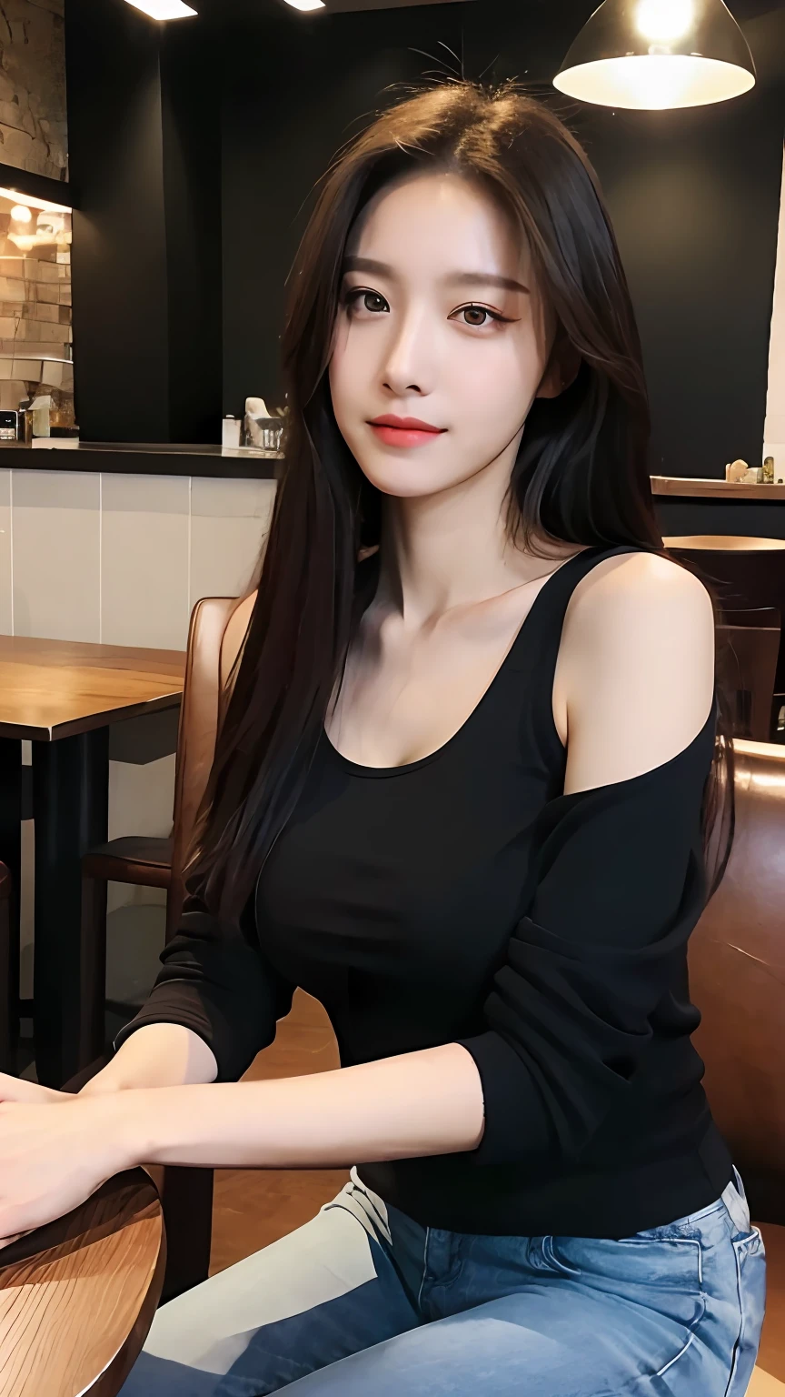 (Realistic, High resolution:1.2), 1 girl, super fine face and eyes, long hair, tight black tank top with black jacket, short jeans, sitting on coffee chair, in café, coffee on table, big breasts