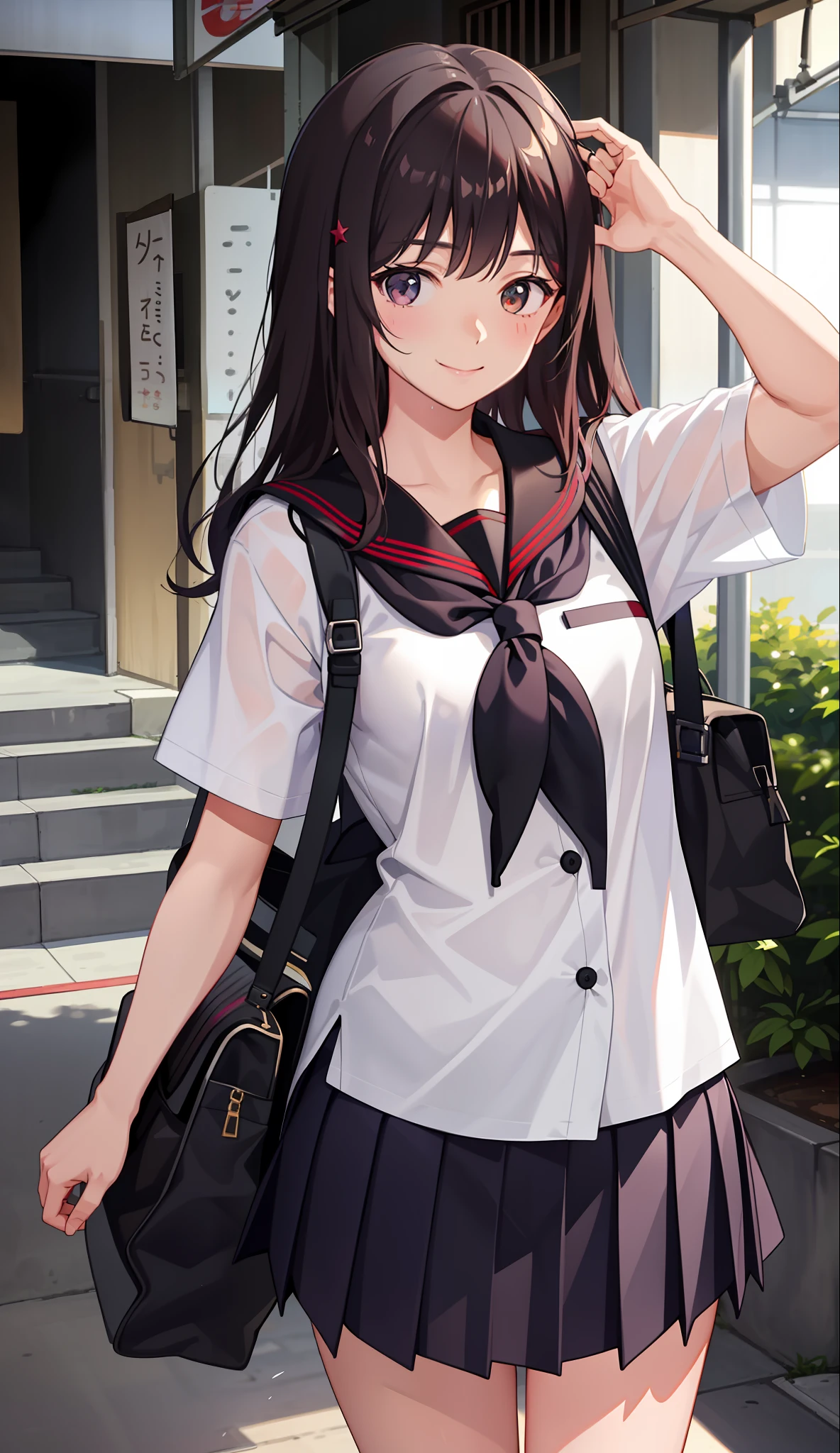 1girl in、A smile、The shirt、skirt by the、(small tits)Chilarism、Japan High School Student Uniform、serafuku、summer clothing、Squall Drenched Uniform、(Sheer Bra)、Upper body portrait、