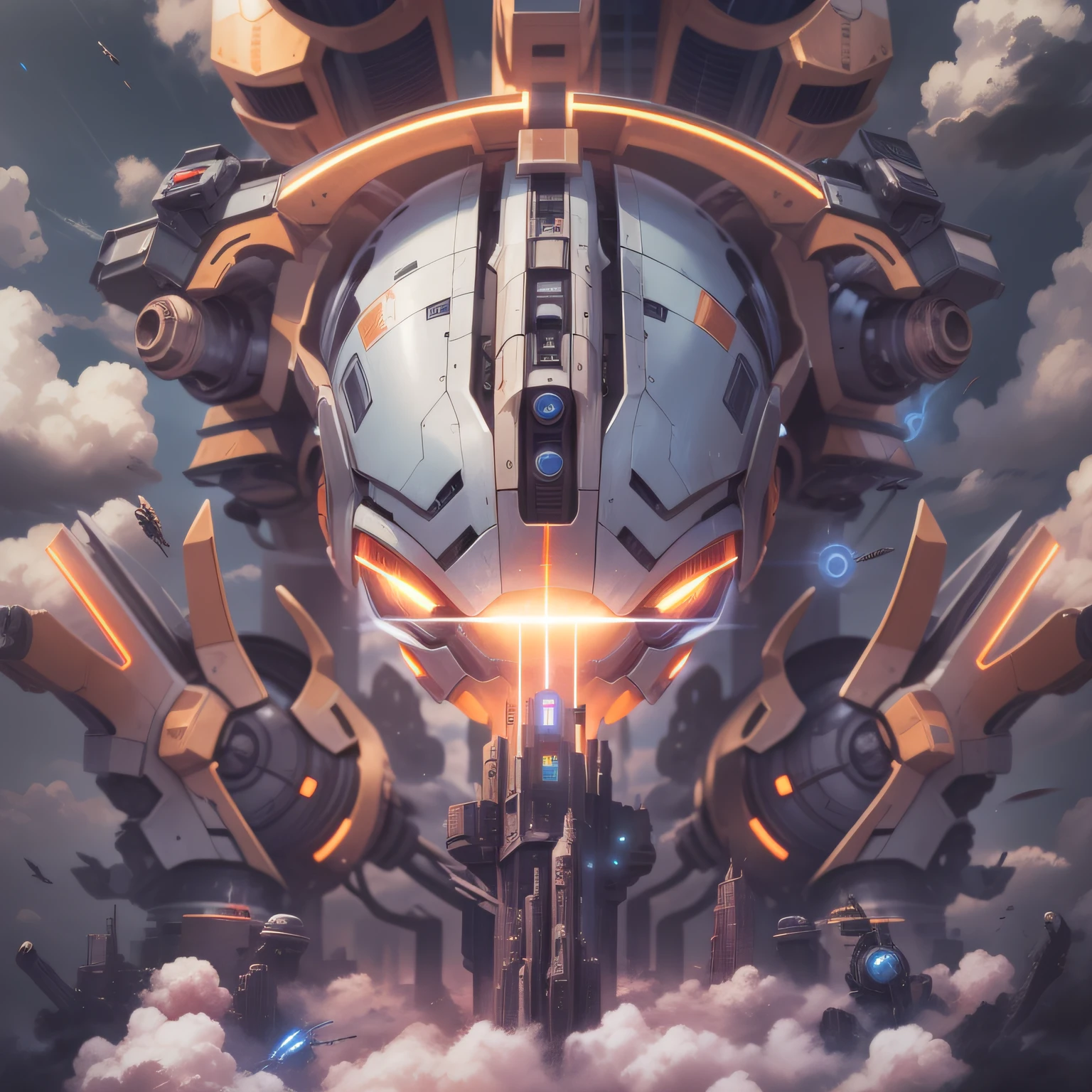 Skysky, Clouds, holding_weapon, no_humans, Glow, droid,Up, buliding, scientific fiction, 城市, Realistis --v6