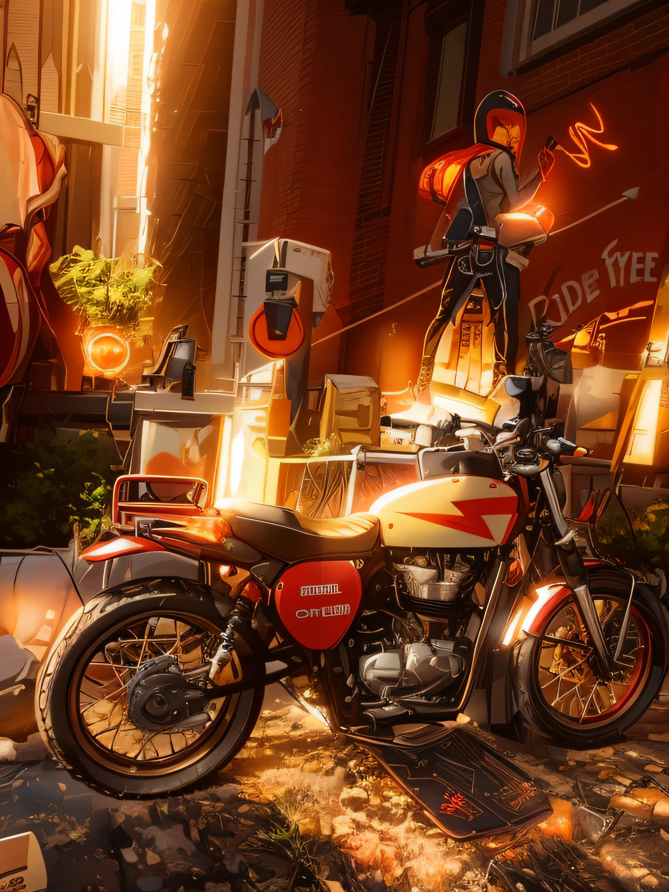 (nvinkpunk:1.2) snthwve style motorcyle, lightwave, sunset, intricate, highly detailed, red colour,