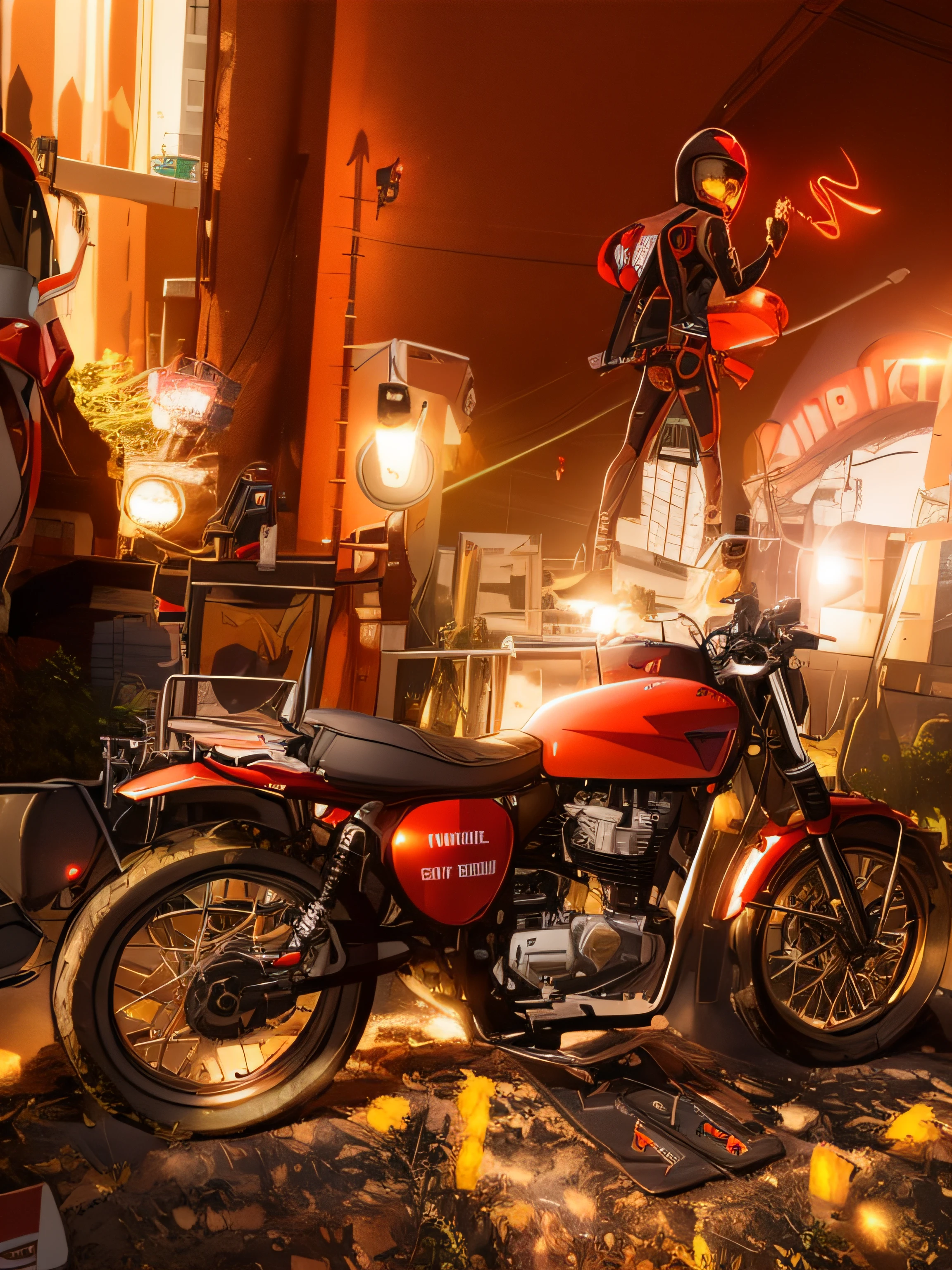(nvinkpunk:1.2) snthwve style motorcyle, lightwave, sunset, intricate, highly detailed, red colour,