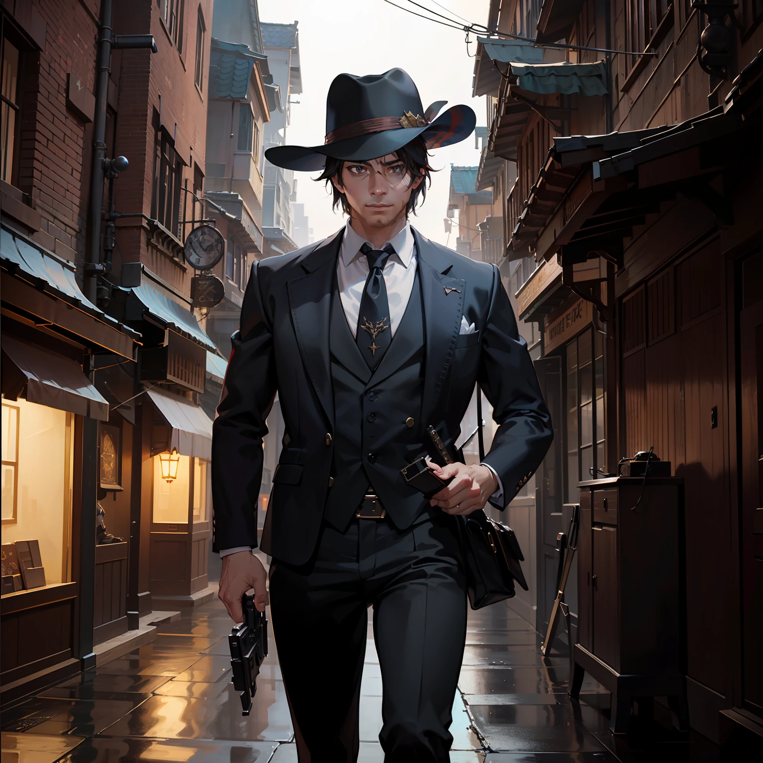 photo of (MCHasDex:0.99), a man as a detective, (walking down a street at night), (holstered gun), modelshoot style, (extremely detailed CG unity 8k wallpaper), photo of the most beautiful artwork in the world, professional majestic oil painting by Ed Blinkey, Atey Ghailan, Studio Ghibli, by Jeremy Mann, Greg Manchess, Antonio Moro, trending on ArtStation, trending on CGSociety, Intricate, High Detail, Sharp focus, dramatic, photorealistic painting art by midjourney and greg rutkowski, (wearing a fedora:1.1), (looking at viewer), (detailed pupils:1.3), closeup