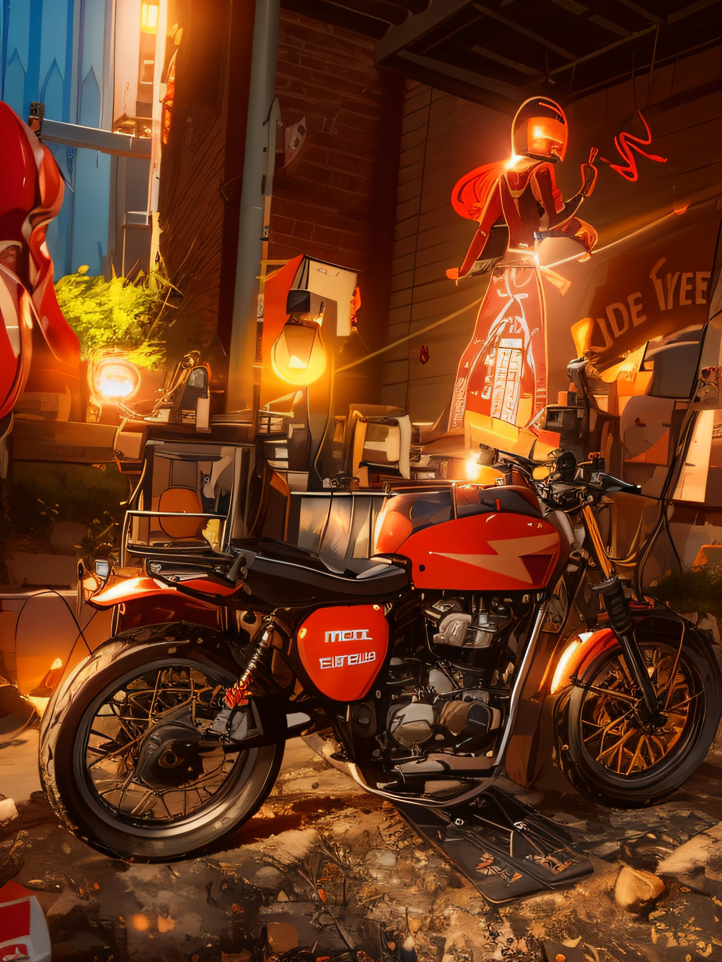(nvinkpunk:1.2) snthwve style motorcyle, lightwave, sunset, intricate, highly detailed, red colour,