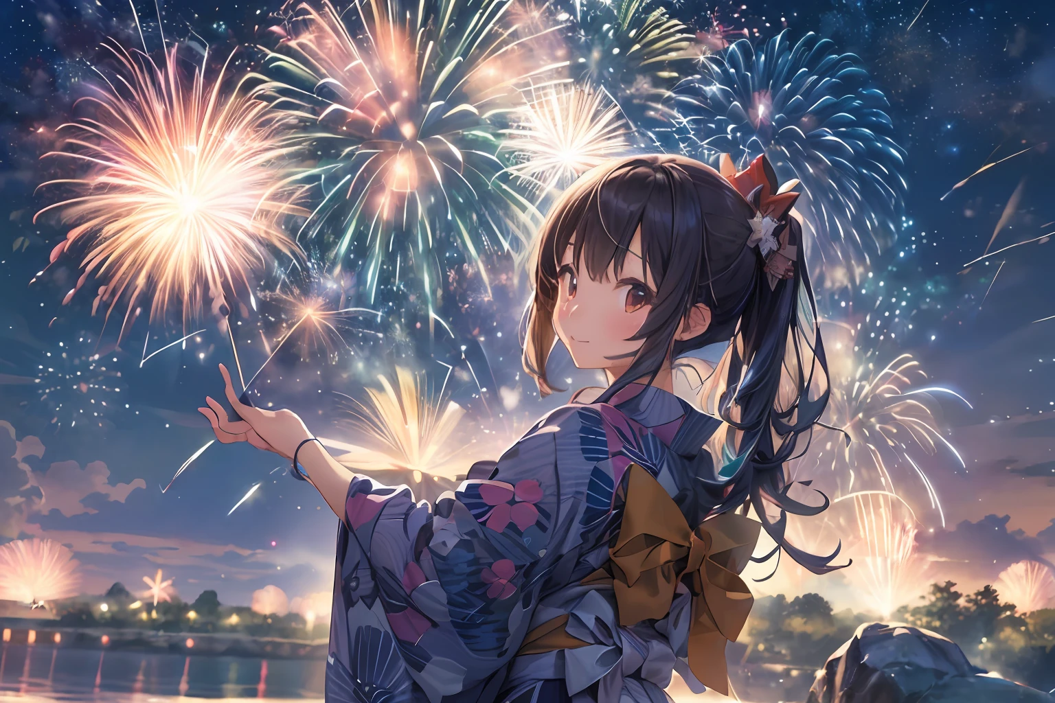 Beautiful Japan girl yukata、(Fireworks in the vast night sky),(top-quality、8K、32K、masterpiece、nffsw:1.3)、(Photorealsitic:1.4)、Raw photography、lite smile、hair adornments,Active Pose、skyrocket、Fireworks glare、depth of fields、lensflare、accurate hands