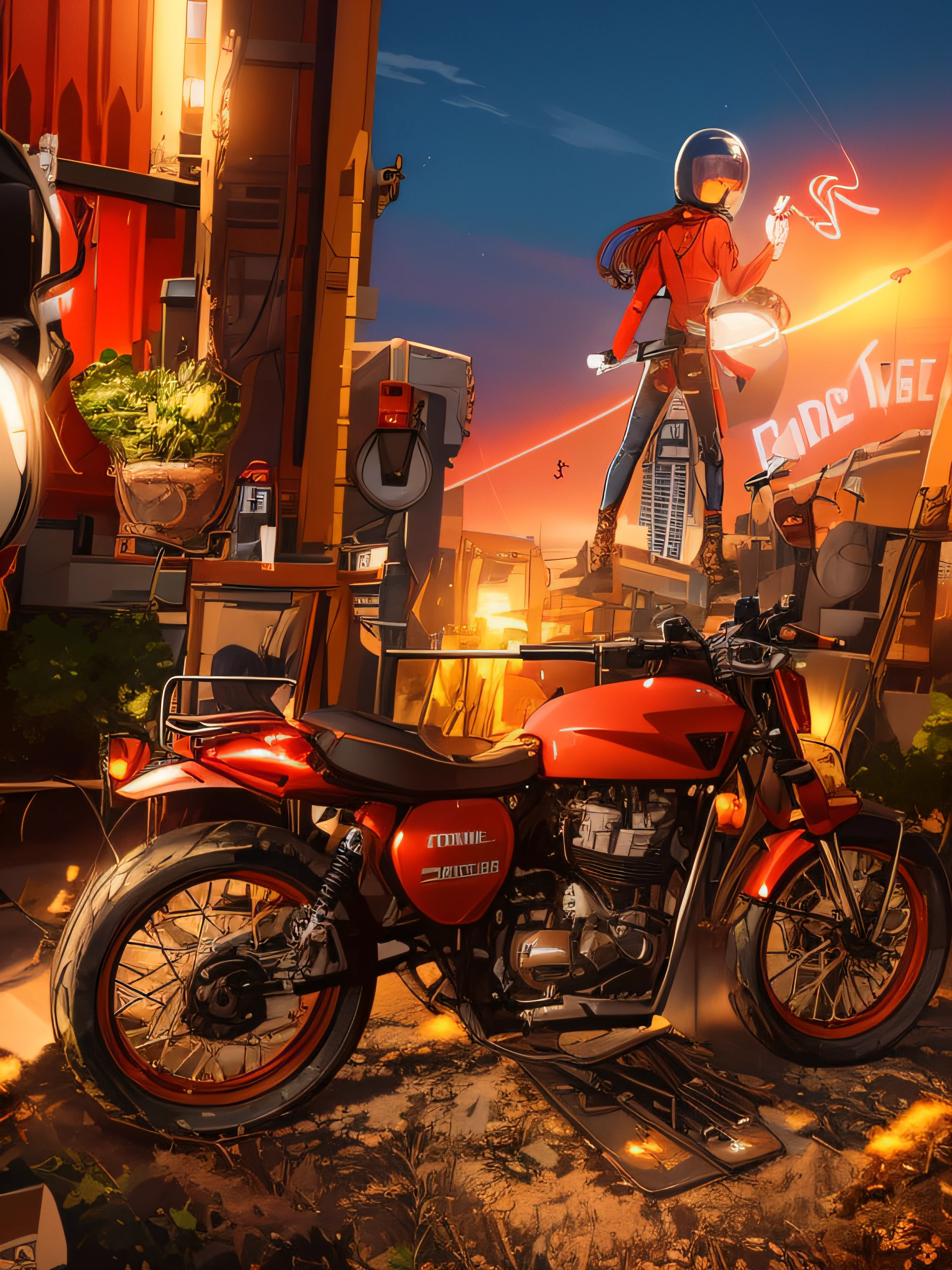 (nvinkpunk:1.2) snthwve style motorcyle, lightwave, sunset, intricate, highly detailed, red colour,