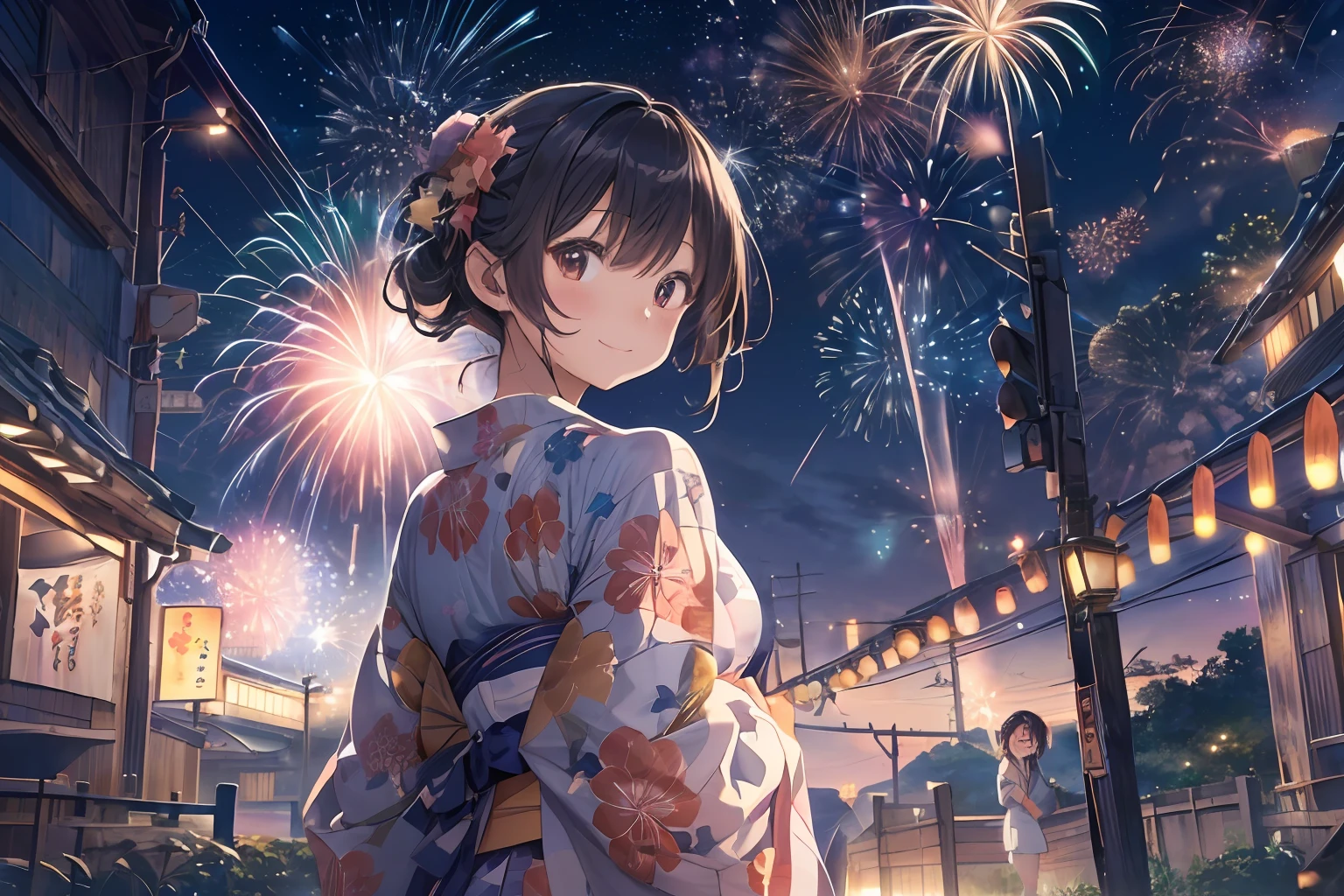Beautiful Japan girl yukata、(Fireworks in the vast night sky),(top-quality、8K、32K、​masterpiece、nffsw:1.3)、(Photorealsitic:1.4)、Raw photography、lite smile、hair adornments,Active Pose、skyrocket、Fireworks glare、depth of fields、lensflare、accurate hands