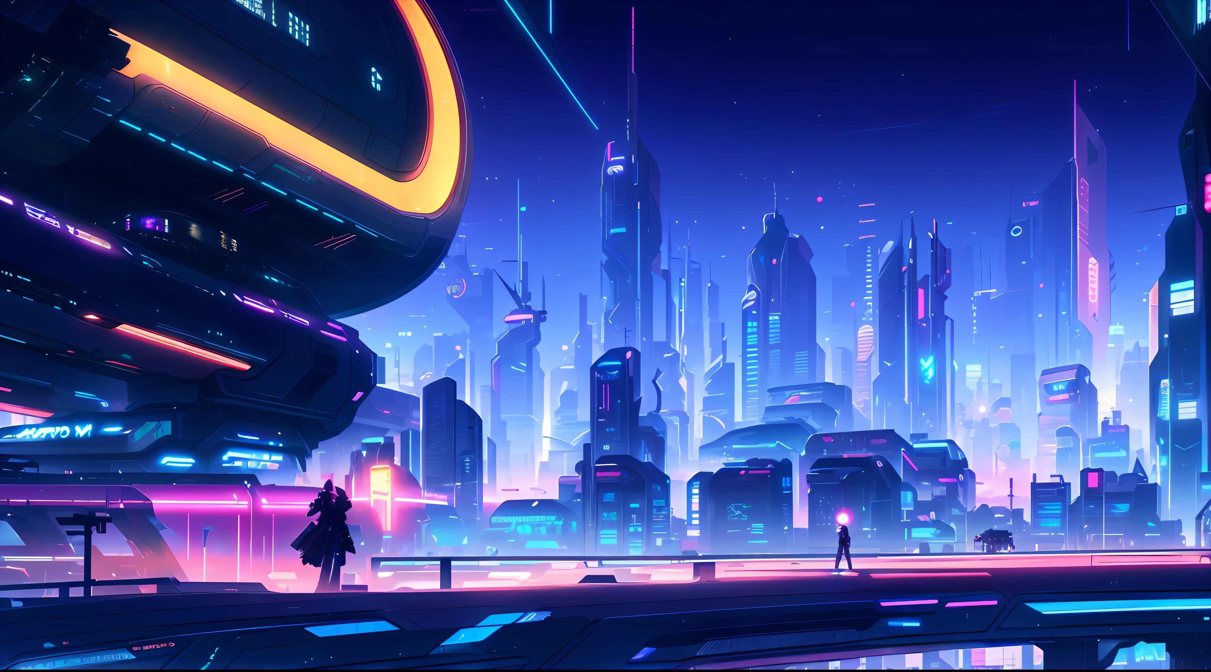 Cidade futuristica, in a futuristic cyberpunk city, cyberpunk city in the distance, in front of a sci fi cityscape, Digital cyberpunk anime art, futuristic urban background,, detailed neon cyberpunk city, Futuristic city landscape, anime cyberpunk art, cyberpunk city landscape, at cyberpunk city, Cyberpunk art style，Marvel art style，Exaggerated black contour lines，Manhwa Style