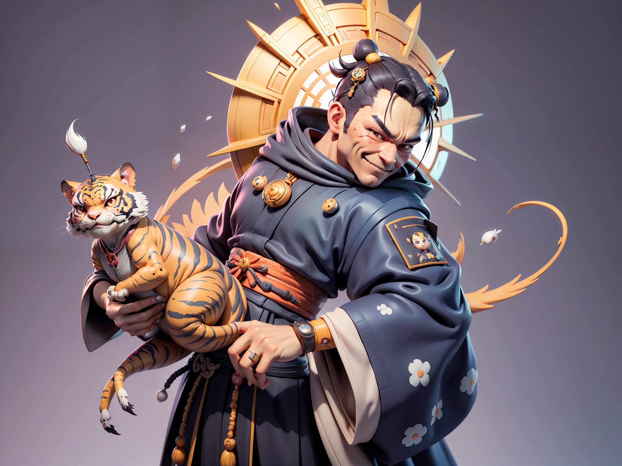 (Daisaku),(Need),(Super meticulous),(full bodyesbian:1.2),Japanese ukiyo-e girl,japanese geisha,Beautiful,Oriental dragon,one tiger,Aeolian Thor,Raised sexy,爆乳,Oriental face,TV Anchor,Bust portrait illustration,Alone,In black suit,a blue tie,The face is slightly chubby,The face was clean,without a beard,Black super short hair,Black eyes,Smile confidently,3C computer sub-products,iPad, iphone,Digital painting,3D character design by Mark Clairen and Pixar and Hayao Miyazaki and Akira Toriyama,The illustration is a high-definition illustration in 4K resolution,With very detailed facial features and cartoon-style visuals。