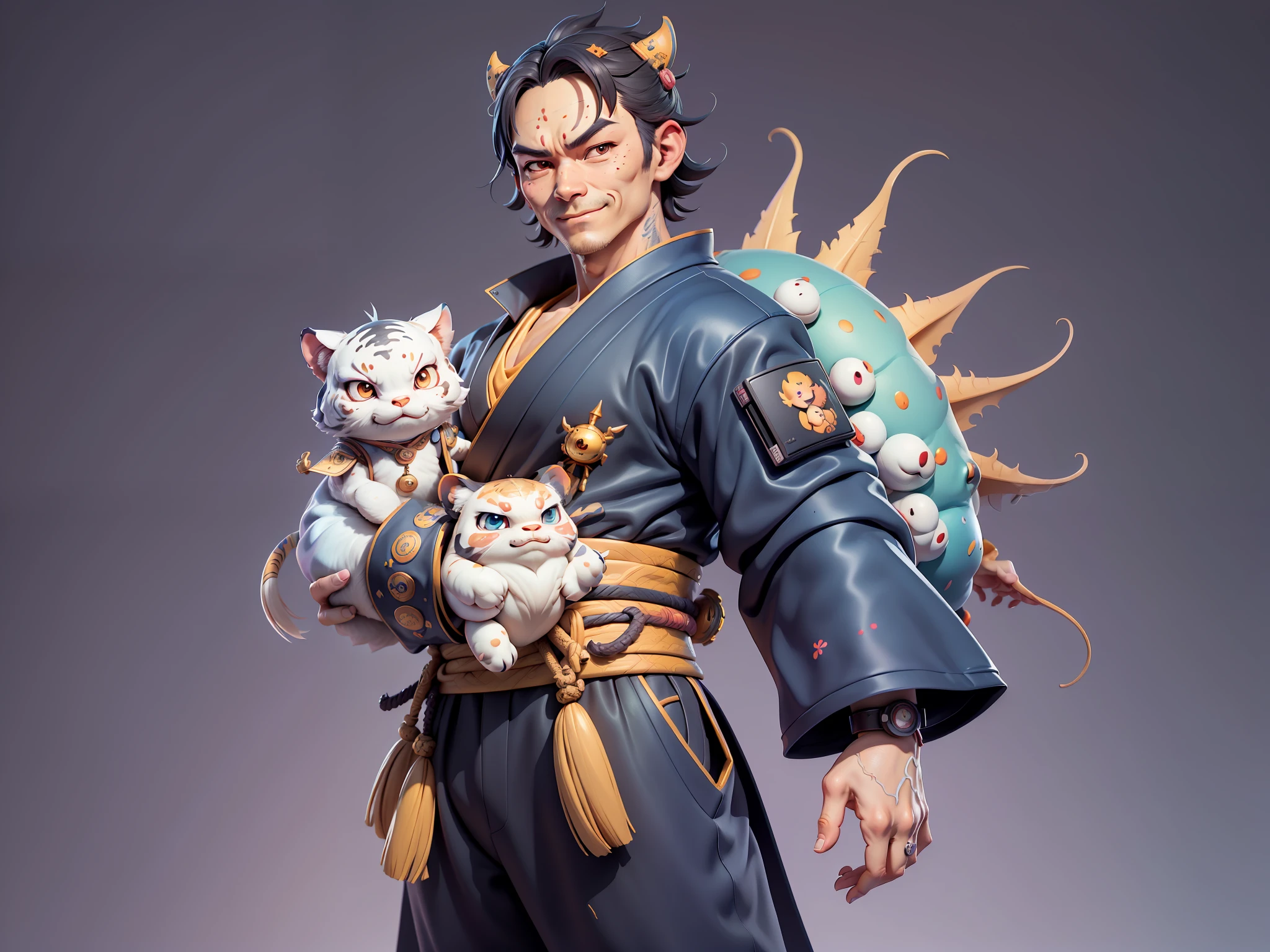 (Daisaku),(Need),(Super meticulous),(full bodyesbian:1.2),Japanese ukiyo-e girl,japanese geisha,Beautiful,Oriental dragon,one tiger,Aeolian Thor,Raised sexy,爆乳,Oriental face,TV Anchor,Bust portrait illustration,Alone,In black suit,a blue tie,The face is slightly chubby,The face was clean,without a beard,Black super short hair,Black eyes,Smile confidently,3C computer sub-products,iPad, iphone,Digital painting,3D character design by Mark Clairen and Pixar and Hayao Miyazaki and Akira Toriyama,The illustration is a high-definition illustration in 4K resolution,With very detailed facial features and cartoon-style visuals。