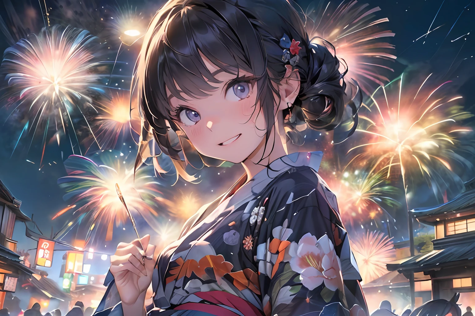 Beautiful Japan girl yukata、(Fireworks in the vast night sky),(top-quality、8K、32K、masterpiece、nffsw:1.3)、(Photorealsitic:1.4)、Raw photography、lite smile、hair adornments,Active Pose、skyrocket、Fireworks glare、depth of fields、lensflare、accurate hands