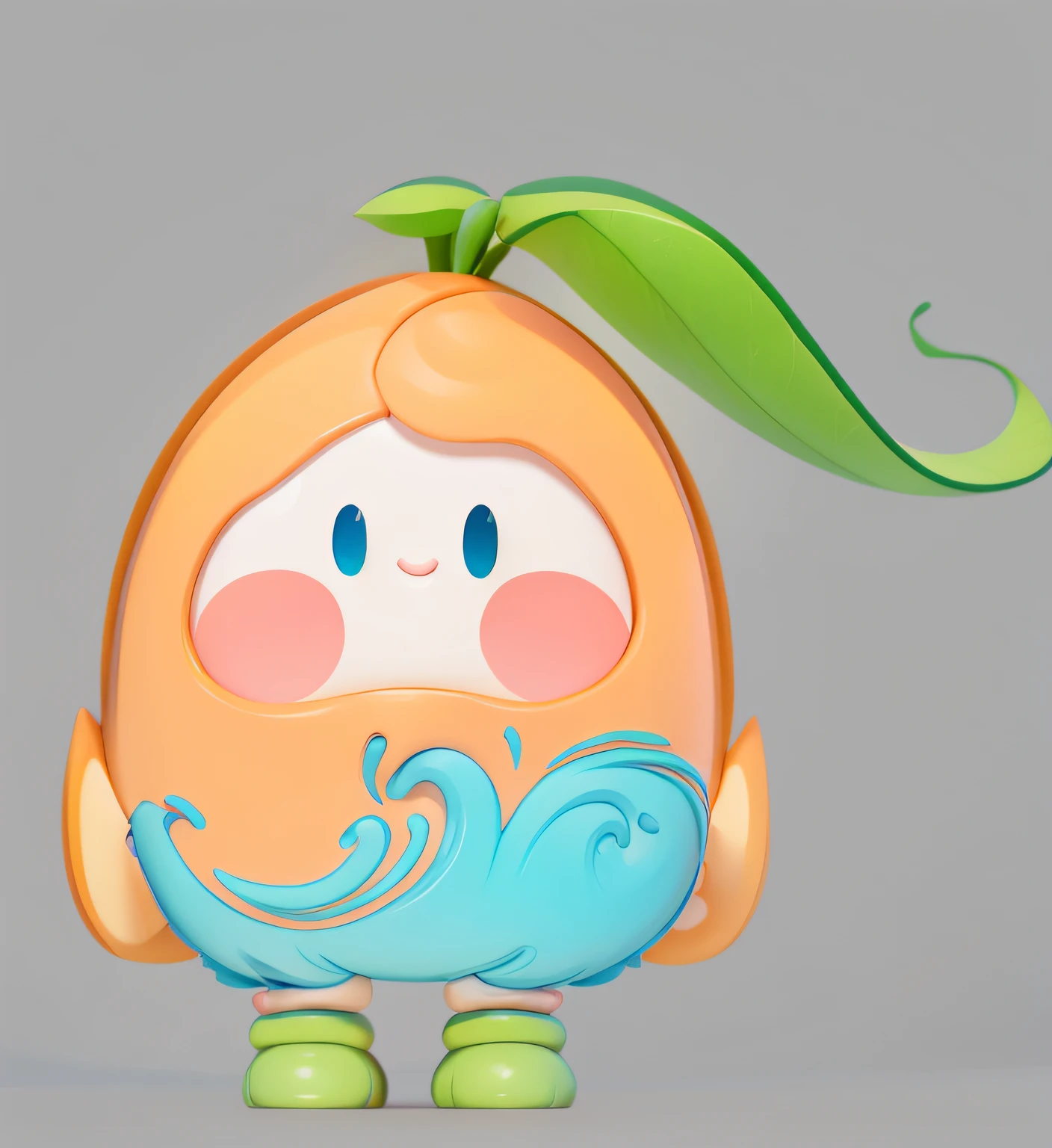 Design a mascot about water apricots,Water apricot leaves on the head,Water streaks,Stand naturally,Frontal whole body,Bubble Mart style,Clean and simple design,IP image,High-grade natural color scheme,Bright and harmonious,Lovely and colorful,Detailed character design,behans,Haipai style,organic sculpting,C4D style,3D animation style design,Cartoony,Fun character design,Ray traching,children’s book illustration style