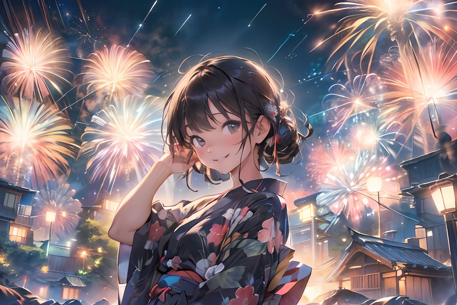 Beautiful Japan girl yukata、(Fireworks in the vast night sky),(top-quality、8K、32K、masterpiece、nffsw:1.3)、(Photorealsitic:1.4)、Raw photography、lite smile、hair adornments,Active Pose、skyrocket、Fireworks glare、depth of fields、lensflare、accurate hands