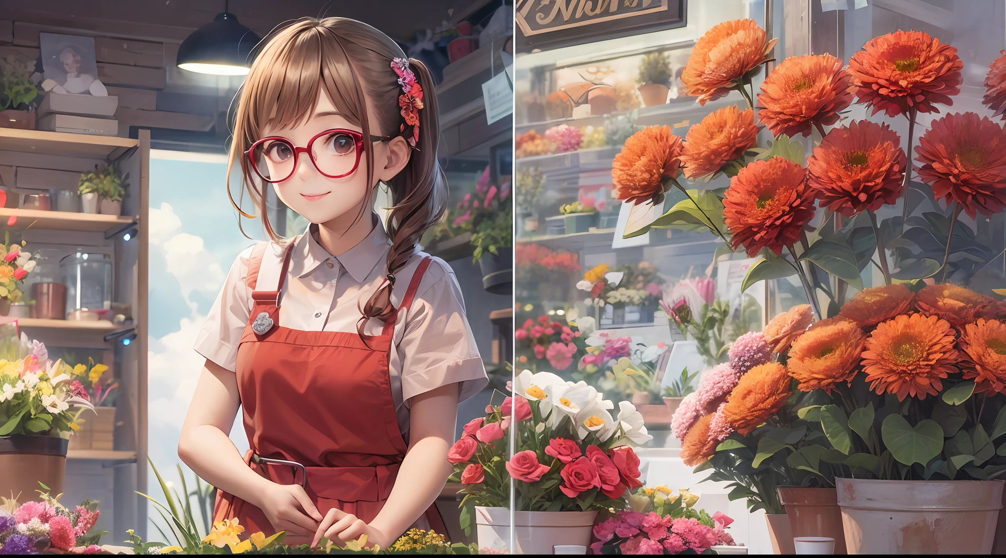 Best Quality、超A high resolution、fullllbody、Girl working in a flower shop、Making a bouquet、 Red glasses、A smile