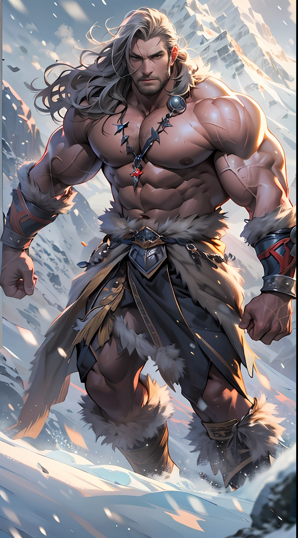 Mighty warrior, shirtless upper body, legs exposed from thighs to feet, cascading long curls, detailed muscular physique, lifelike depiction, 4K resolution. Background: Snow-covered mountain peak,32k uhd, best quality, masterpiece, super detail, high details