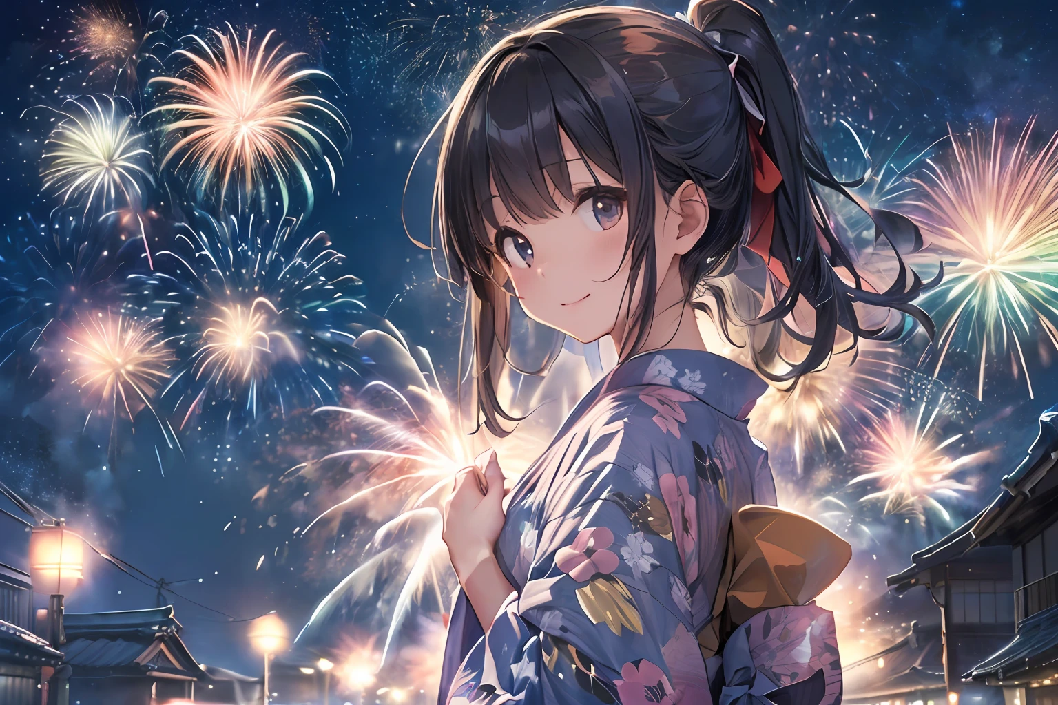Beautiful Japan girl yukata、(Fireworks in the vast night sky),(top-quality、8K、32K、​masterpiece、nffsw:1.3)、(Photorealsitic:1.4)、Raw photography、lite smile、hair adornments,Active Pose、skyrocket、Fireworks glare、depth of fields、lensflare、accurate hands