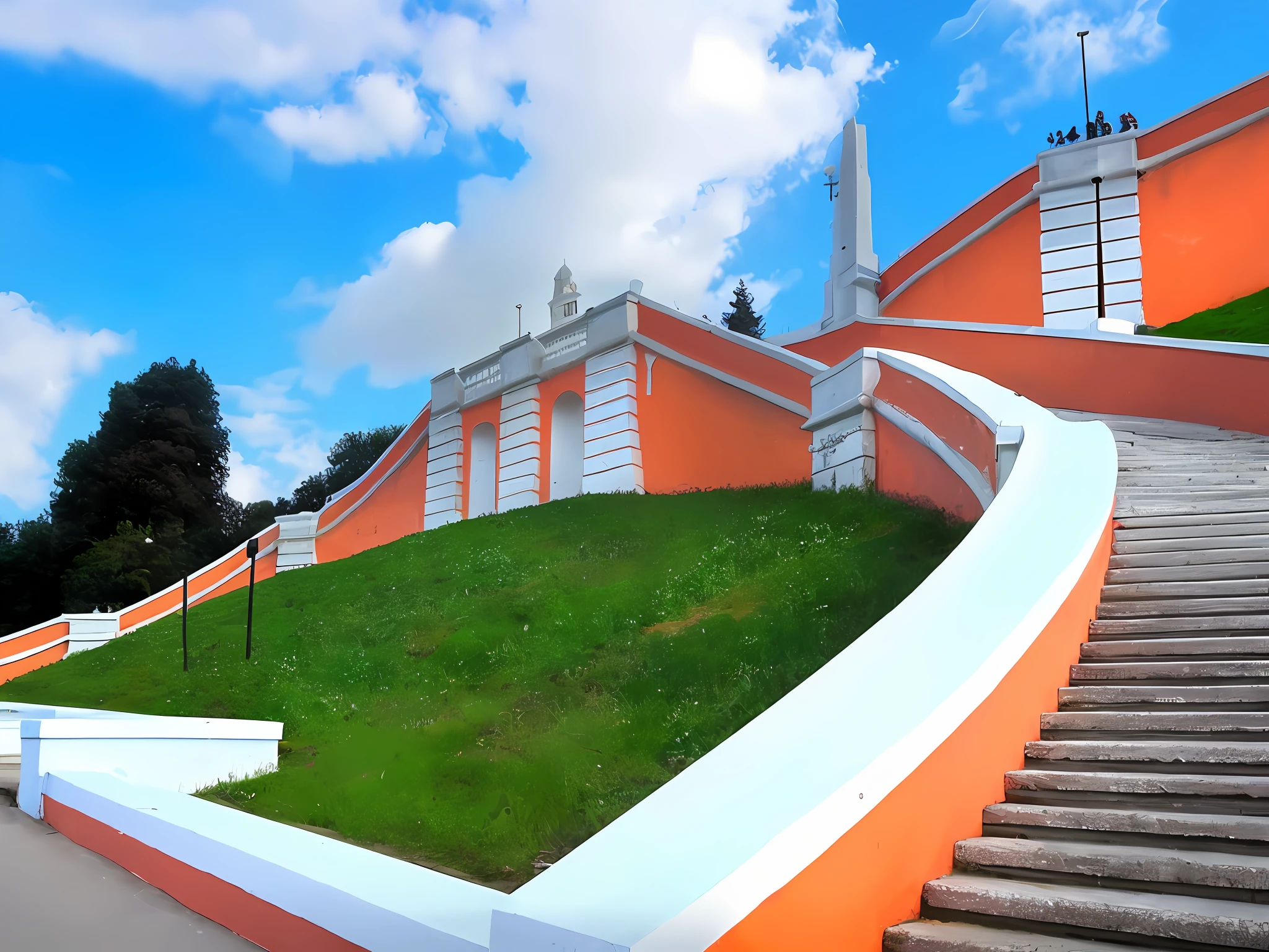large staircase, outdoor staircase, stairs, perspective wide angle view, stairway, view from bottom to top, leading to the sky, steps leading down, stone stairway, steps, curved perspective, rounded architecture, soviet era, nizhny novgorod, early evening, misty,